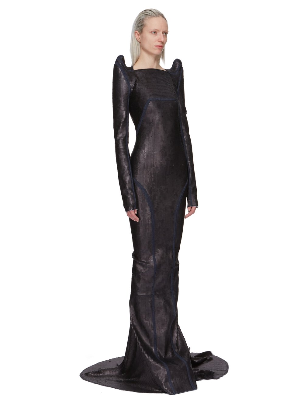 RICK OWENS FW23 LUXOR RUNWAY TEC GOWN IN BLUE AND BLACK SEQUIN EMBROIDERED STRETCH DENIM