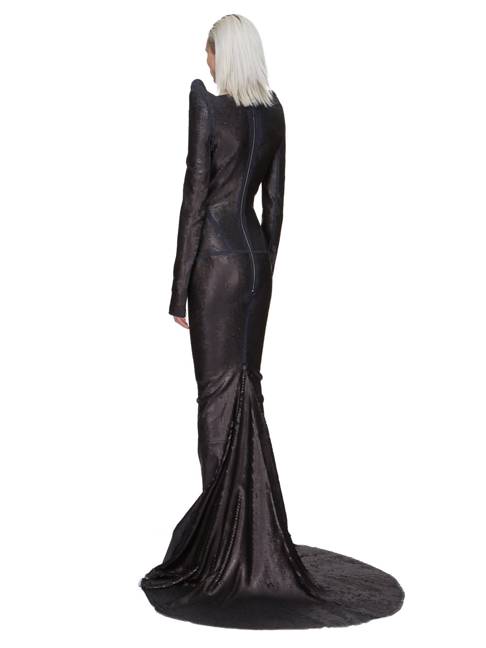 RICK OWENS FW23 LUXOR RUNWAY TEC GOWN IN BLUE AND BLACK SEQUIN EMBROIDERED STRETCH DENIM