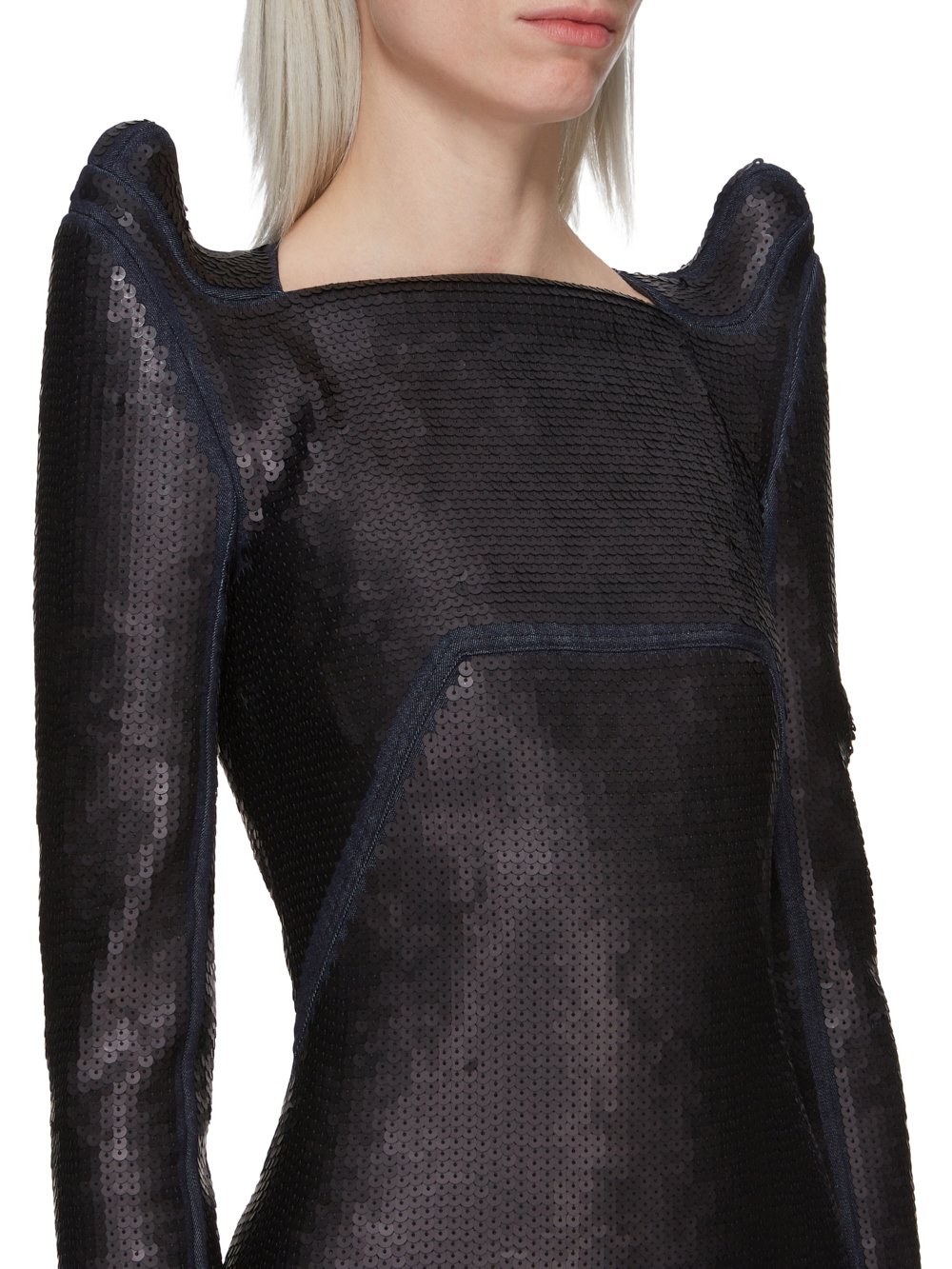 RICK OWENS FW23 LUXOR RUNWAY TEC GOWN IN BLUE AND BLACK SEQUIN EMBROIDERED STRETCH DENIM