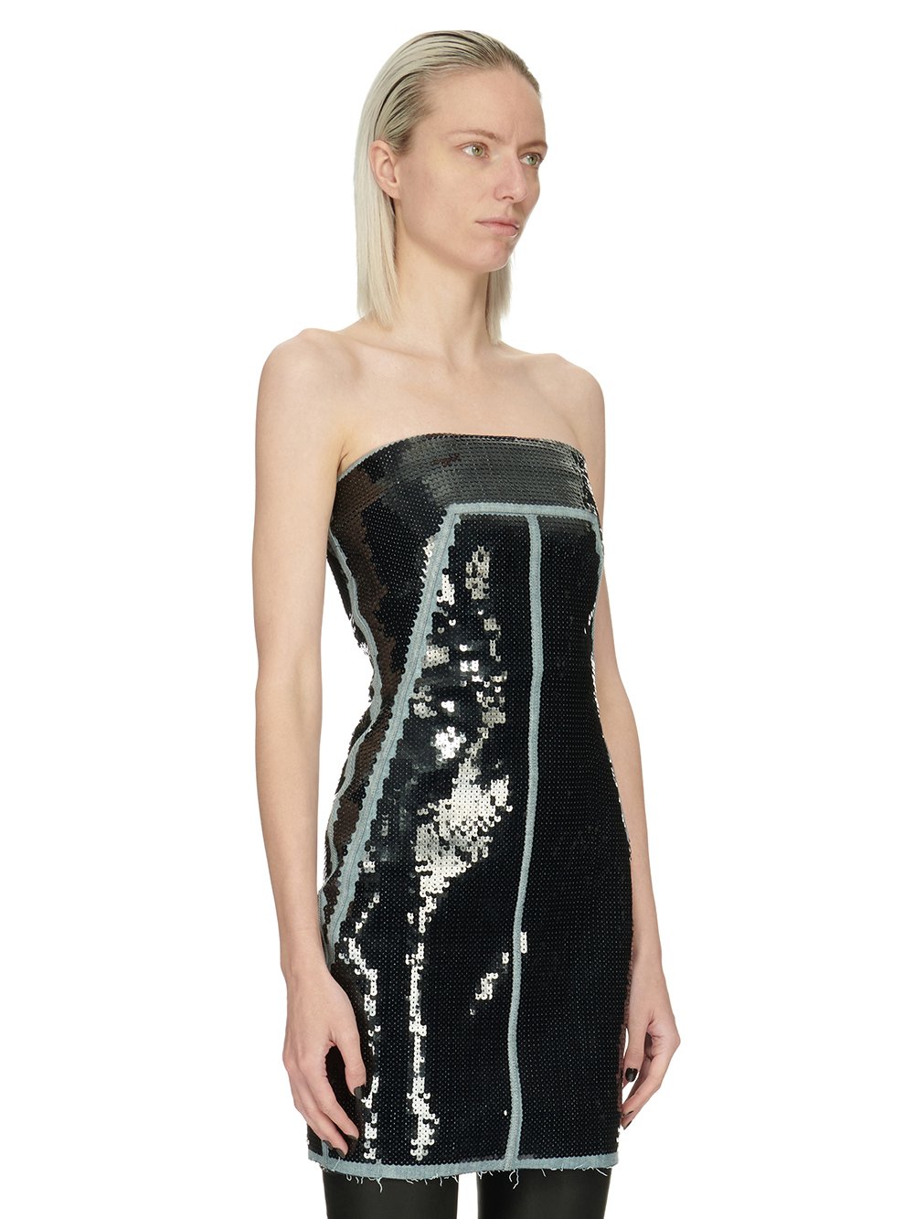 RICK OWENS FW23 LUXOR BUSTIER DRESS IN BLUE AND BLACK SEQUIN EMBROIDERED STRETCH DENIM 