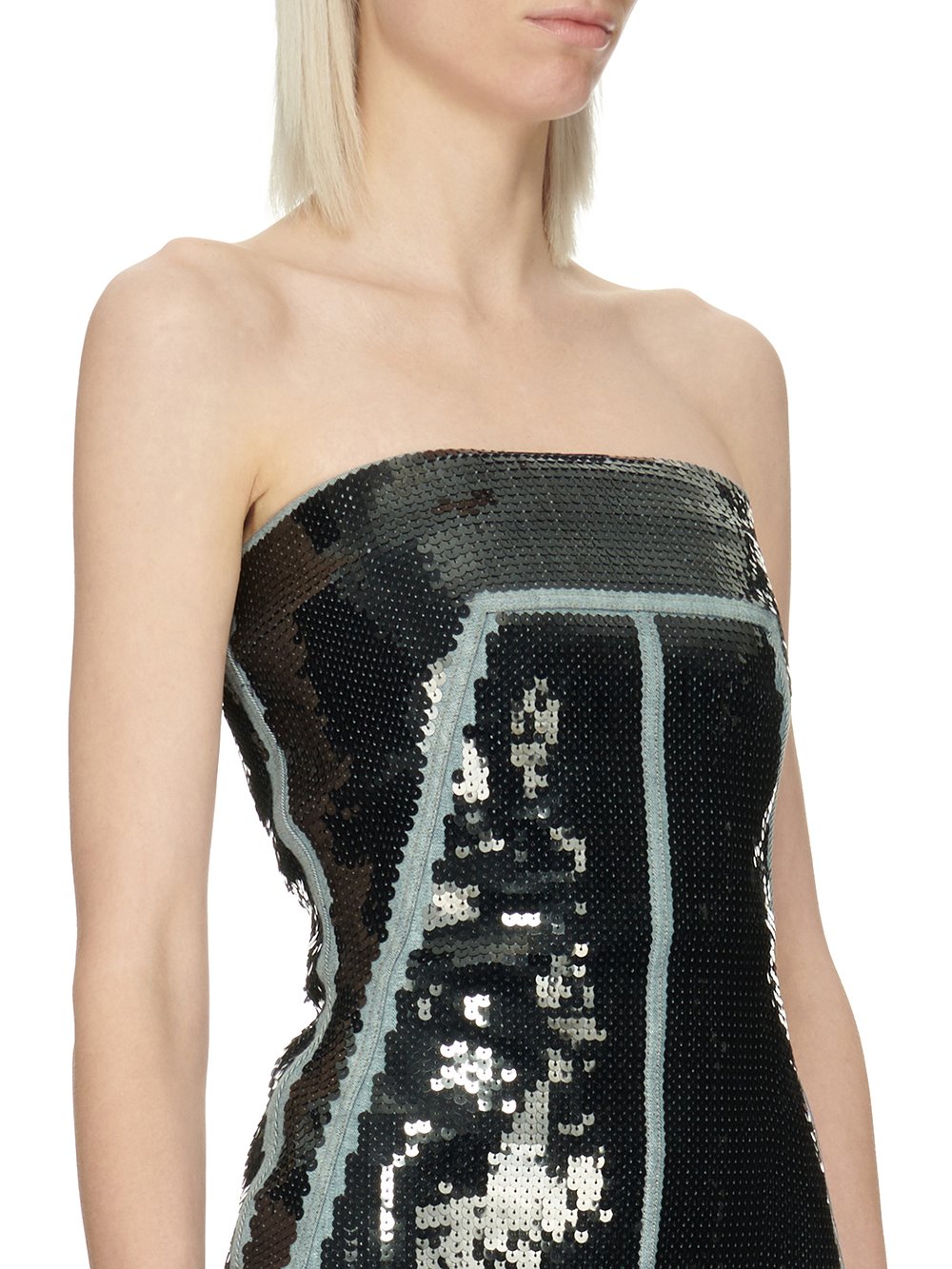 RICK OWENS FW23 LUXOR BUSTIER DRESS IN BLUE AND BLACK SEQUIN EMBROIDERED STRETCH DENIM 