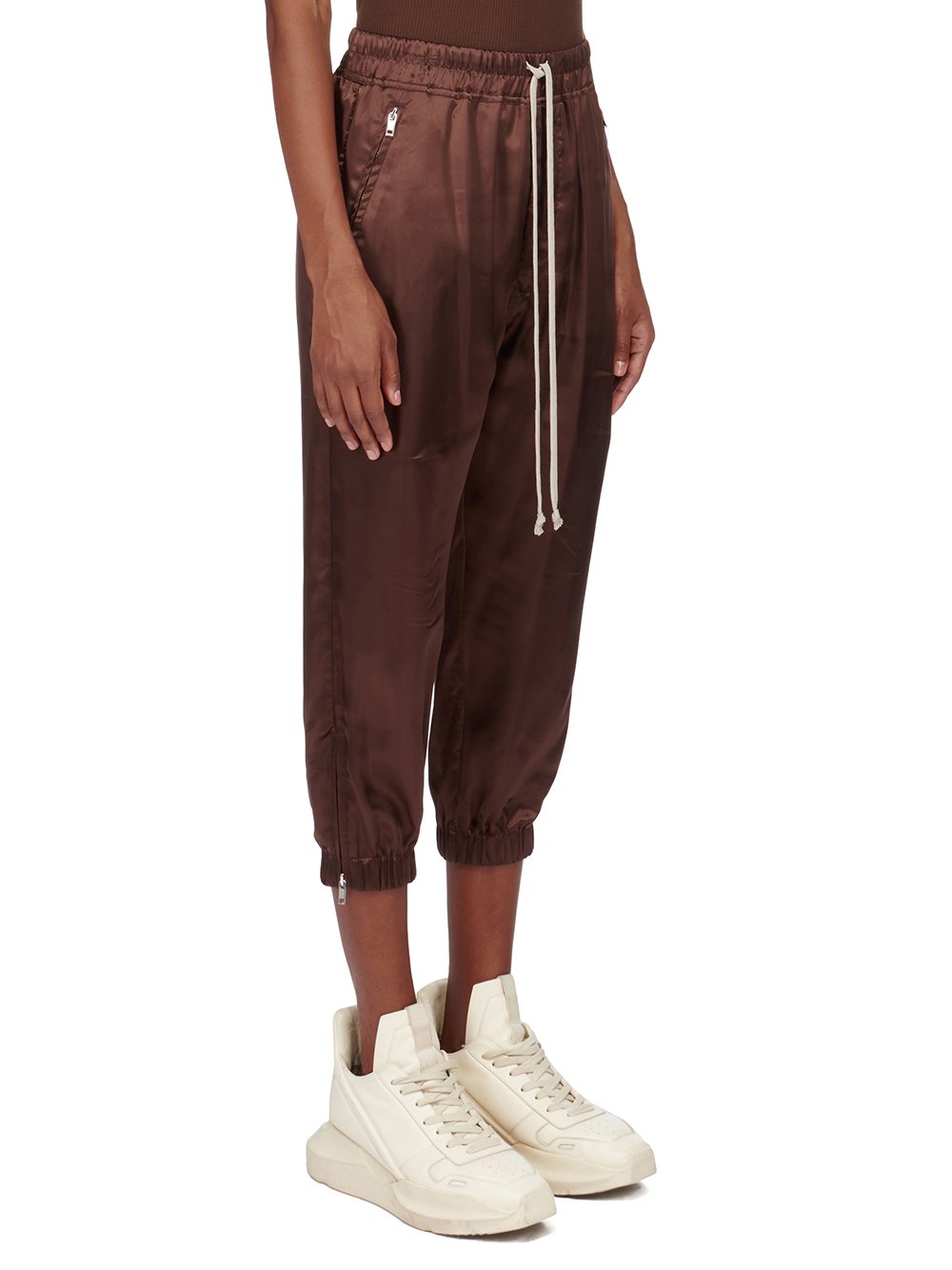 RICK OWENS FW23 LUXOR CROPPED TRACK IN BROWN CUPRO SATIN