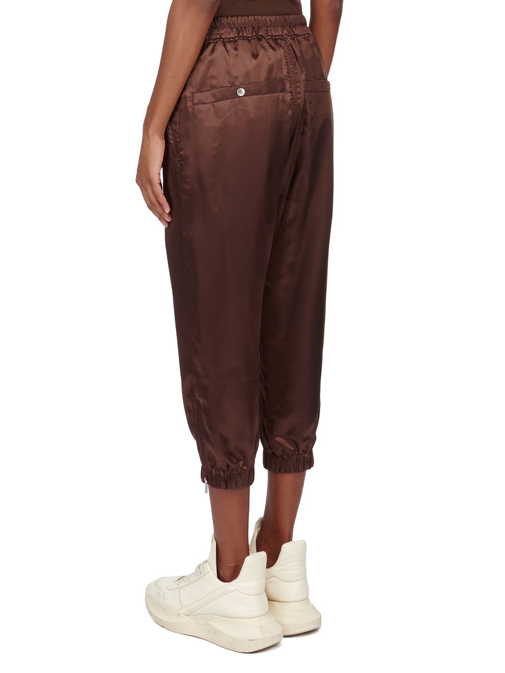 RICK OWENS FW23 LUXOR CROPPED TRACK IN BROWN CUPRO SATIN