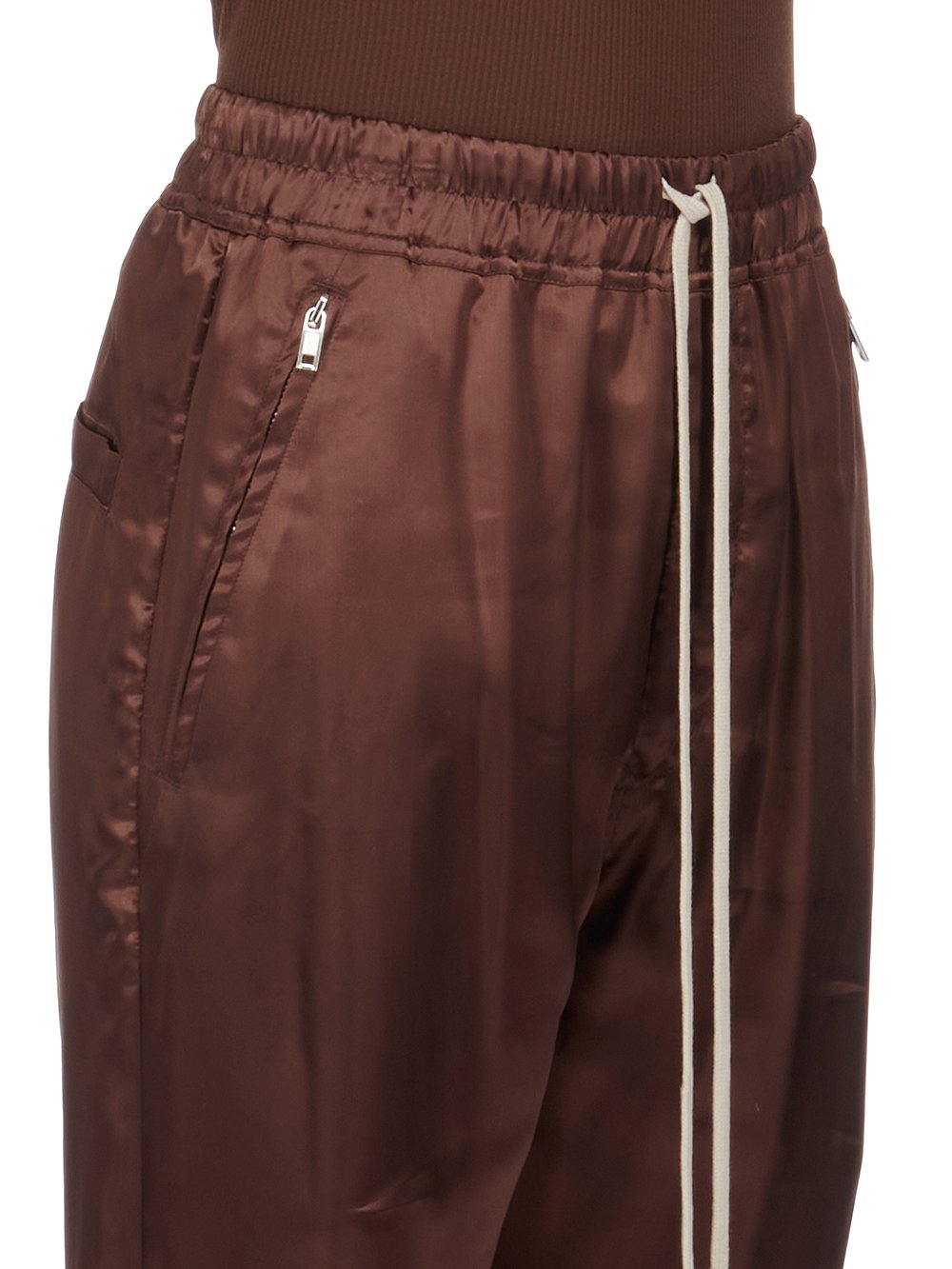 RICK OWENS FW23 LUXOR CROPPED TRACK IN BROWN CUPRO SATIN