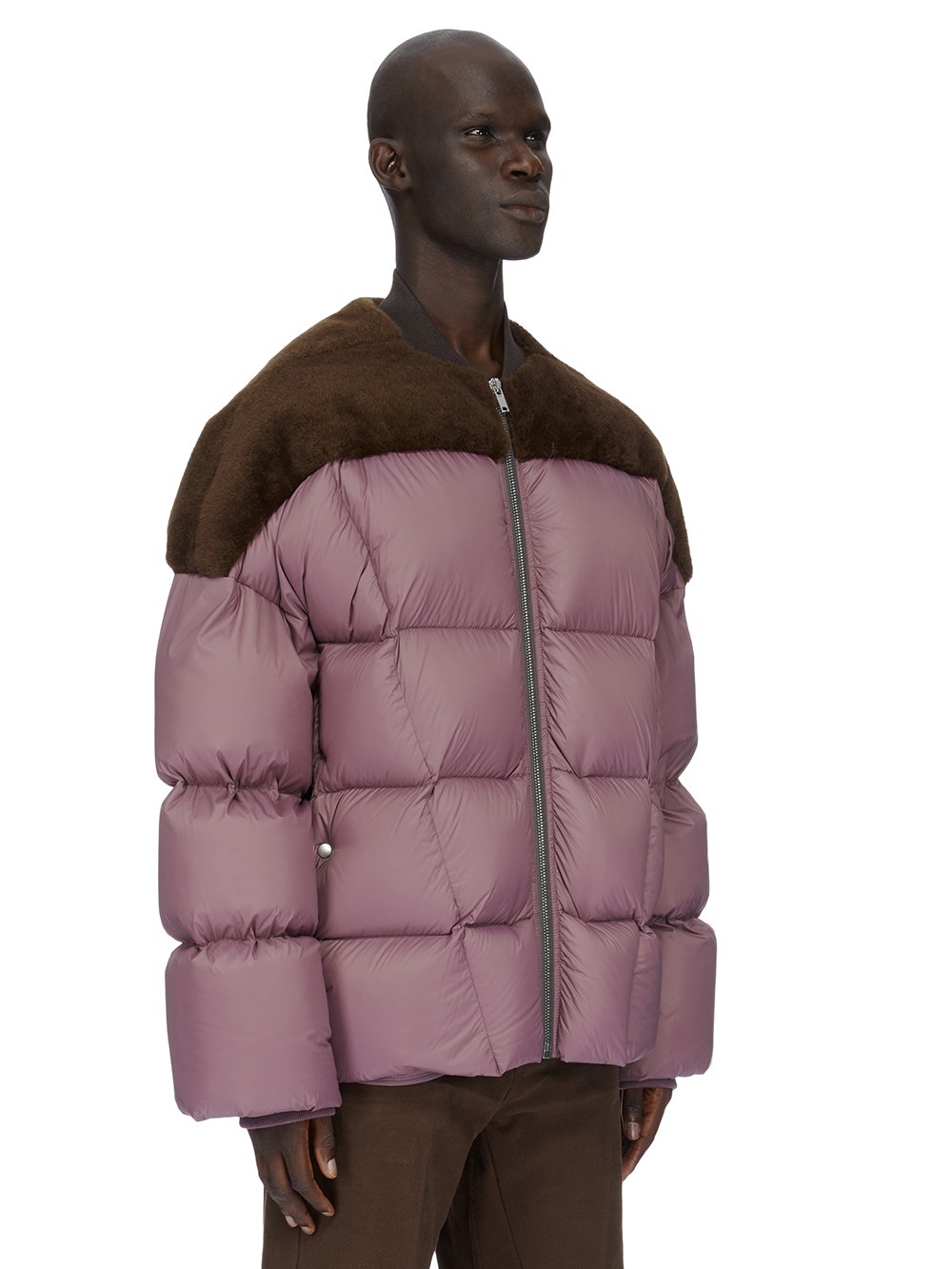 RICK OWENS FW23 LUXOR FLIGHT JKT IN BROWN AND AMETHYST BUTTER LAMB SHEARLING AND RECYCLED NYLON