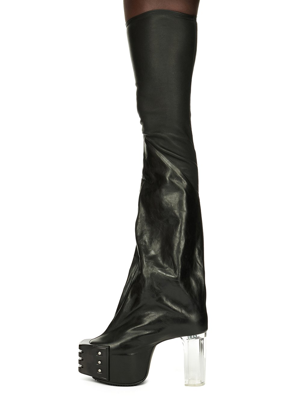 RICK OWENS FW23 LUXOR FLARED PLATFORMS 45 IN BLACK STRETCH LAMB LEATHER AND GLASLUX, GLOSSY CALF LEATHER