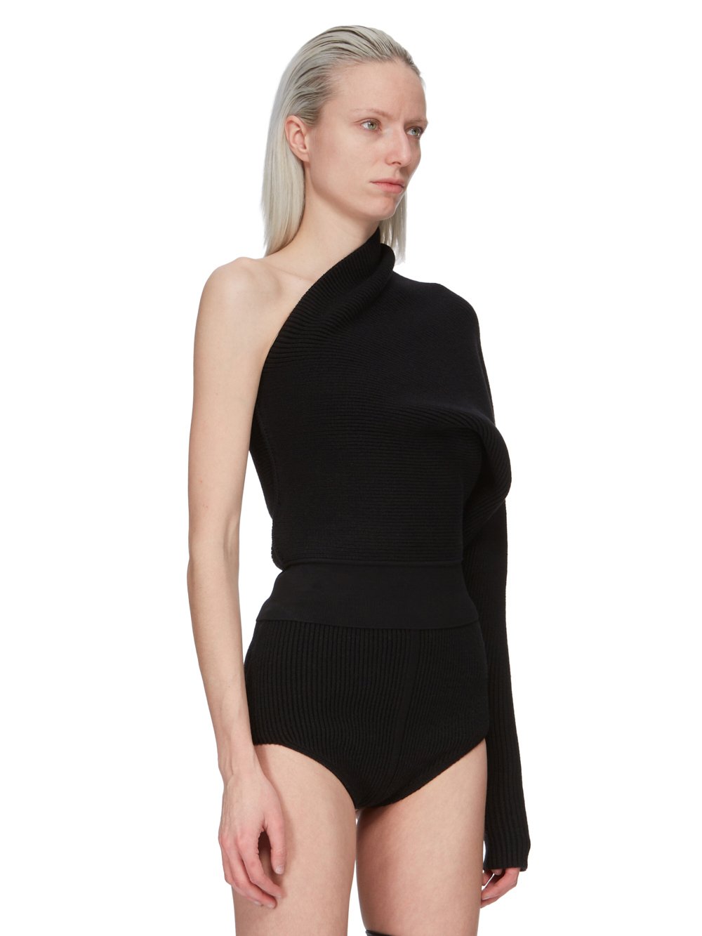 RICK OWENS FW23 LUXOR RUNWAY ONE SLEEVE TOP IN BLACK HEAVY RIB RECYCLED CASHMERE