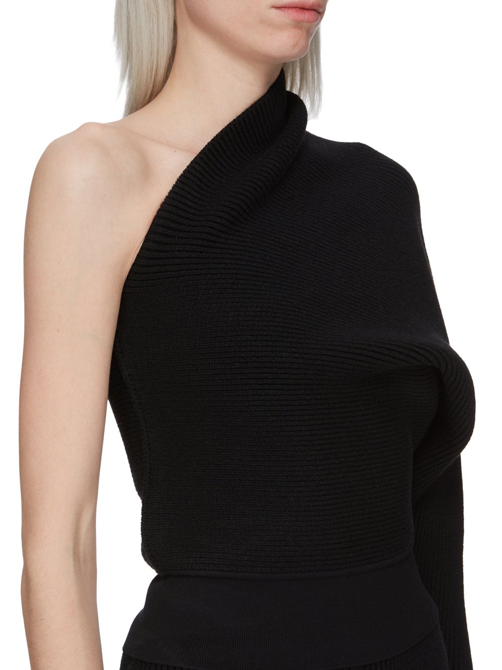 RICK OWENS FW23 LUXOR RUNWAY ONE SLEEVE TOP IN BLACK HEAVY RIB RECYCLED CASHMERE