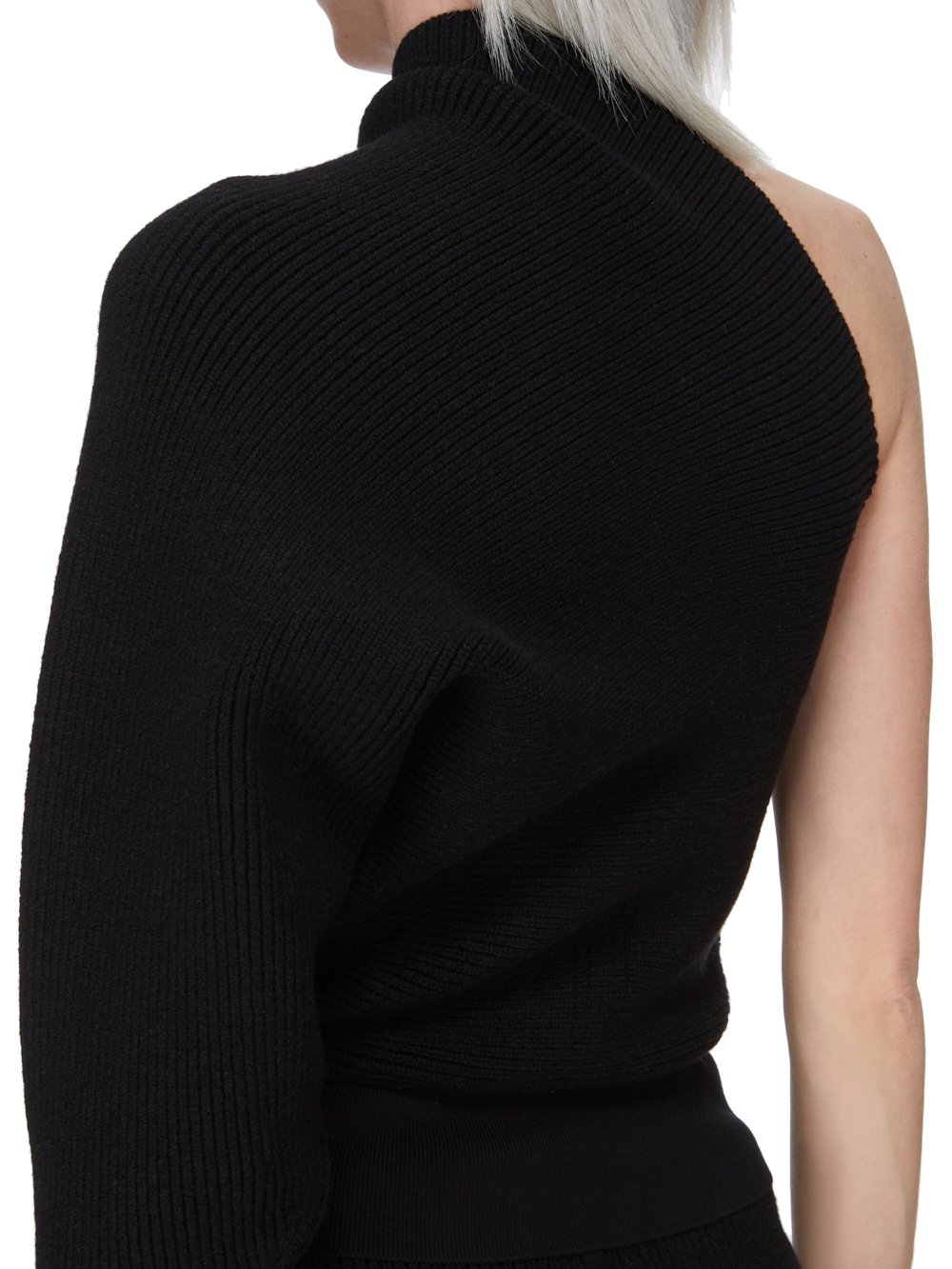 RICK OWENS FW23 LUXOR RUNWAY ONE SLEEVE TOP IN BLACK HEAVY RIB RECYCLED CASHMERE