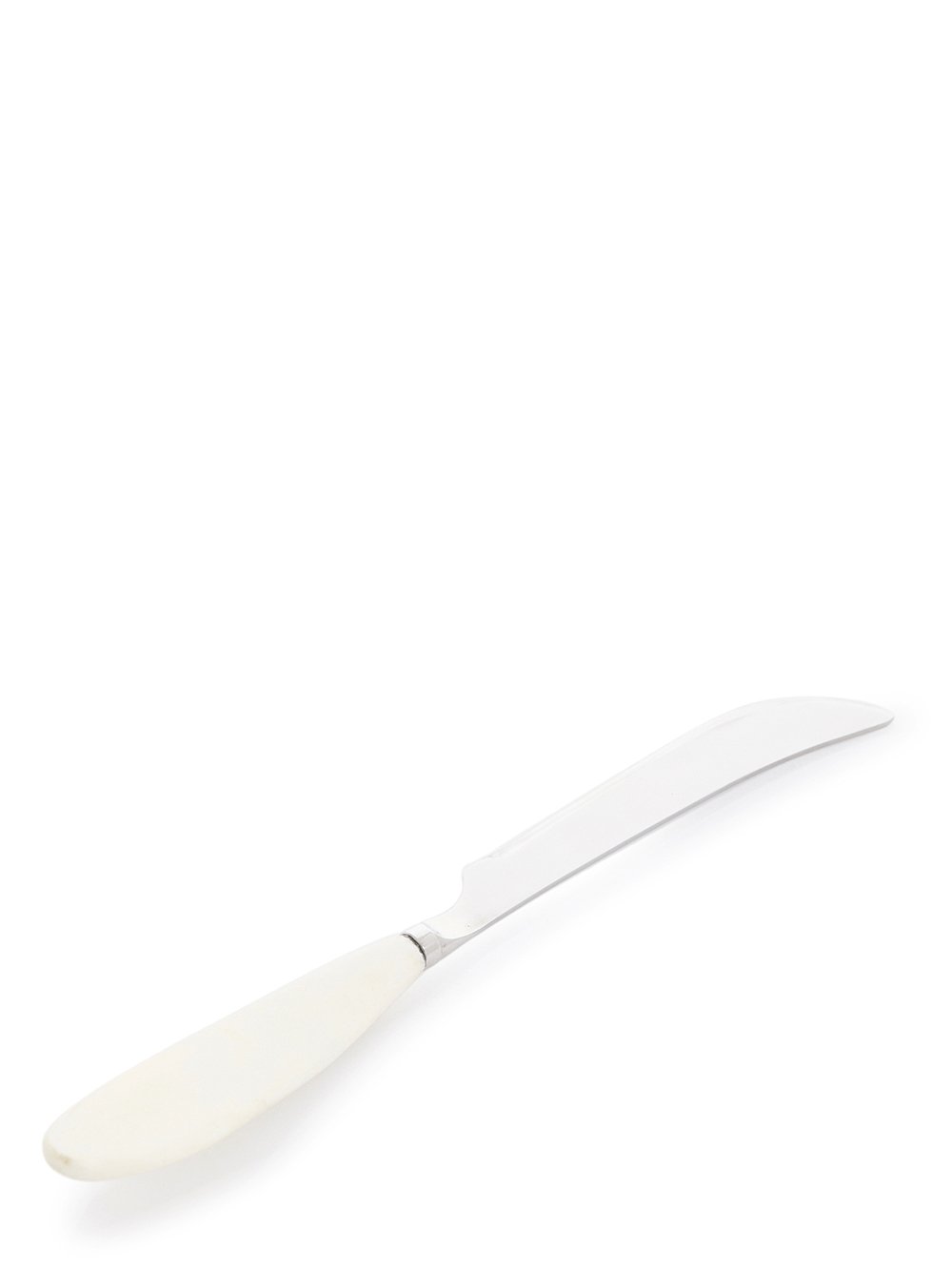 RICK OWENS KNIFE FEATURES A SLIGHTLY CURVED SHARP STERLING TOP AND A MID-LENGTH, NATURAL COLOR BONE HANDLE.