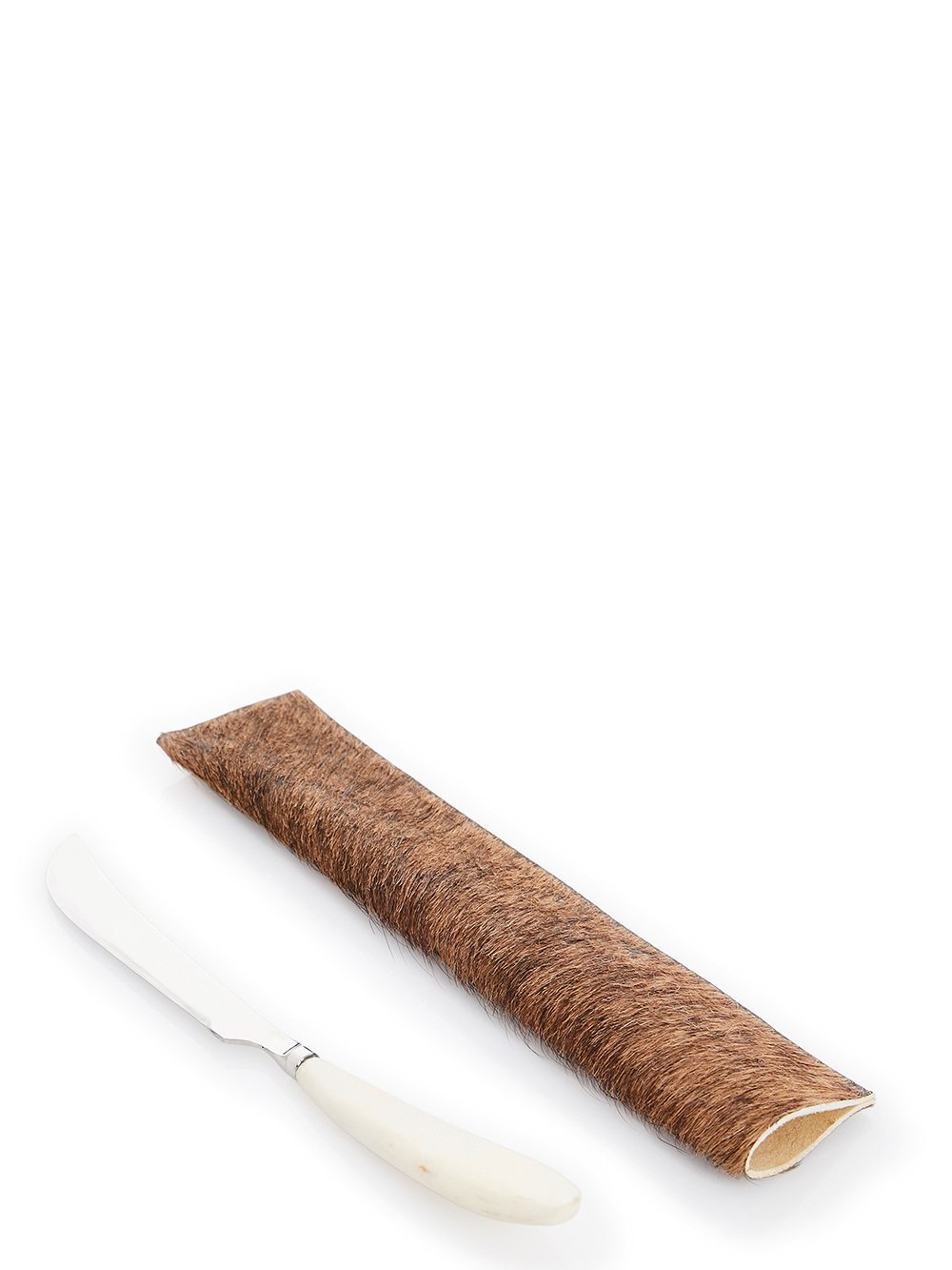 RICK OWENS KNIFE FEATURES A SLIGHTLY CURVED SHARP STERLING TOP AND A MID-LENGTH, NATURAL COLOR BONE HANDLE.