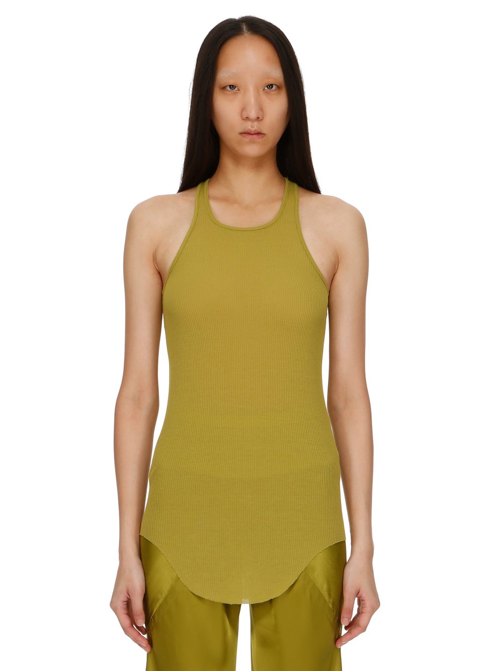 RICK OWENS FW23 LUXOR BASIC RIB TANK IN ACID YELLOW VISCOSE SILK RIB JERSEY