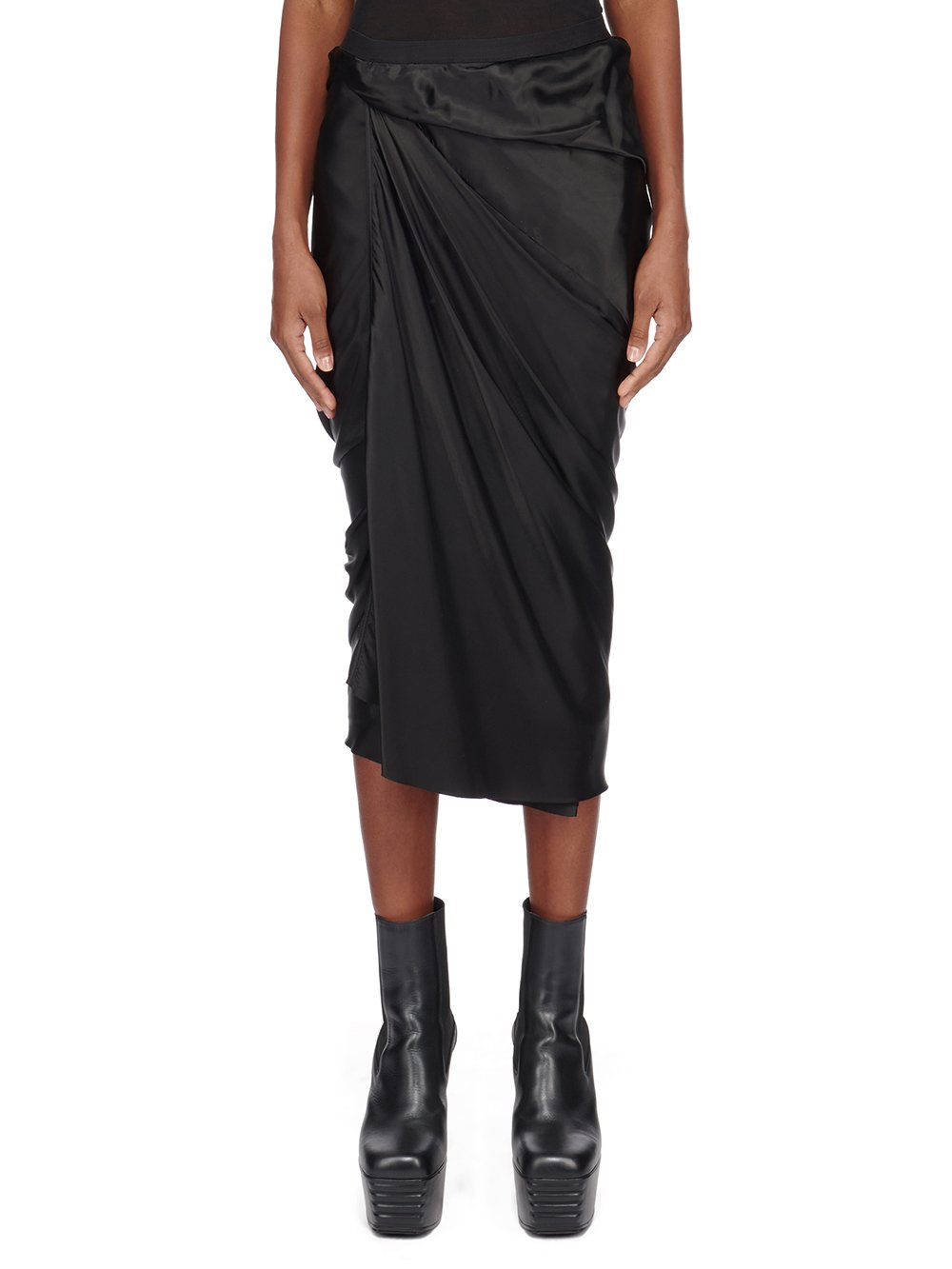 RICK OWENS FW23 LUXOR WRAP SKIRT IN BLACK CUPRO SATIN