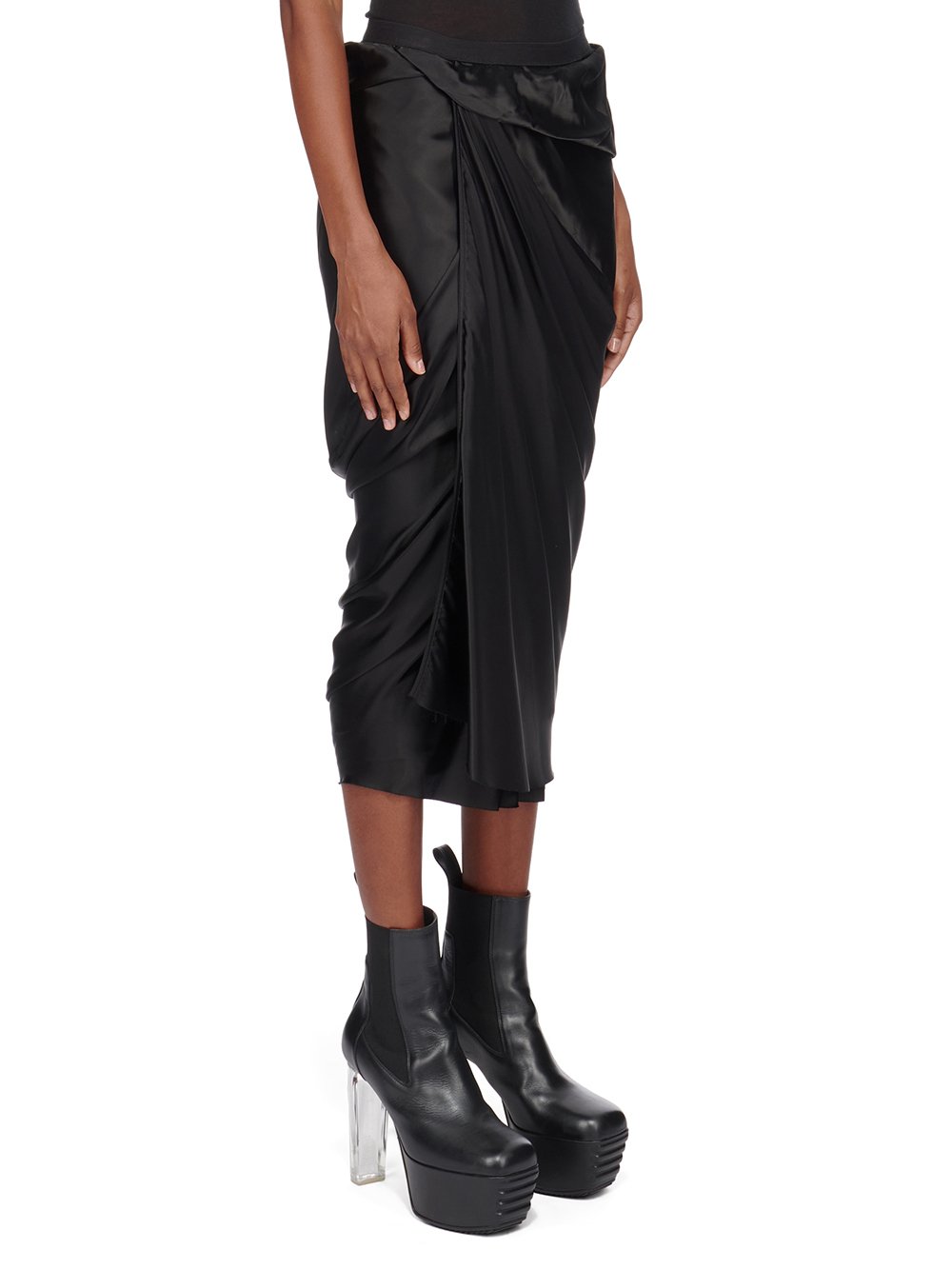 RICK OWENS FW23 LUXOR WRAP SKIRT IN BLACK CUPRO SATIN