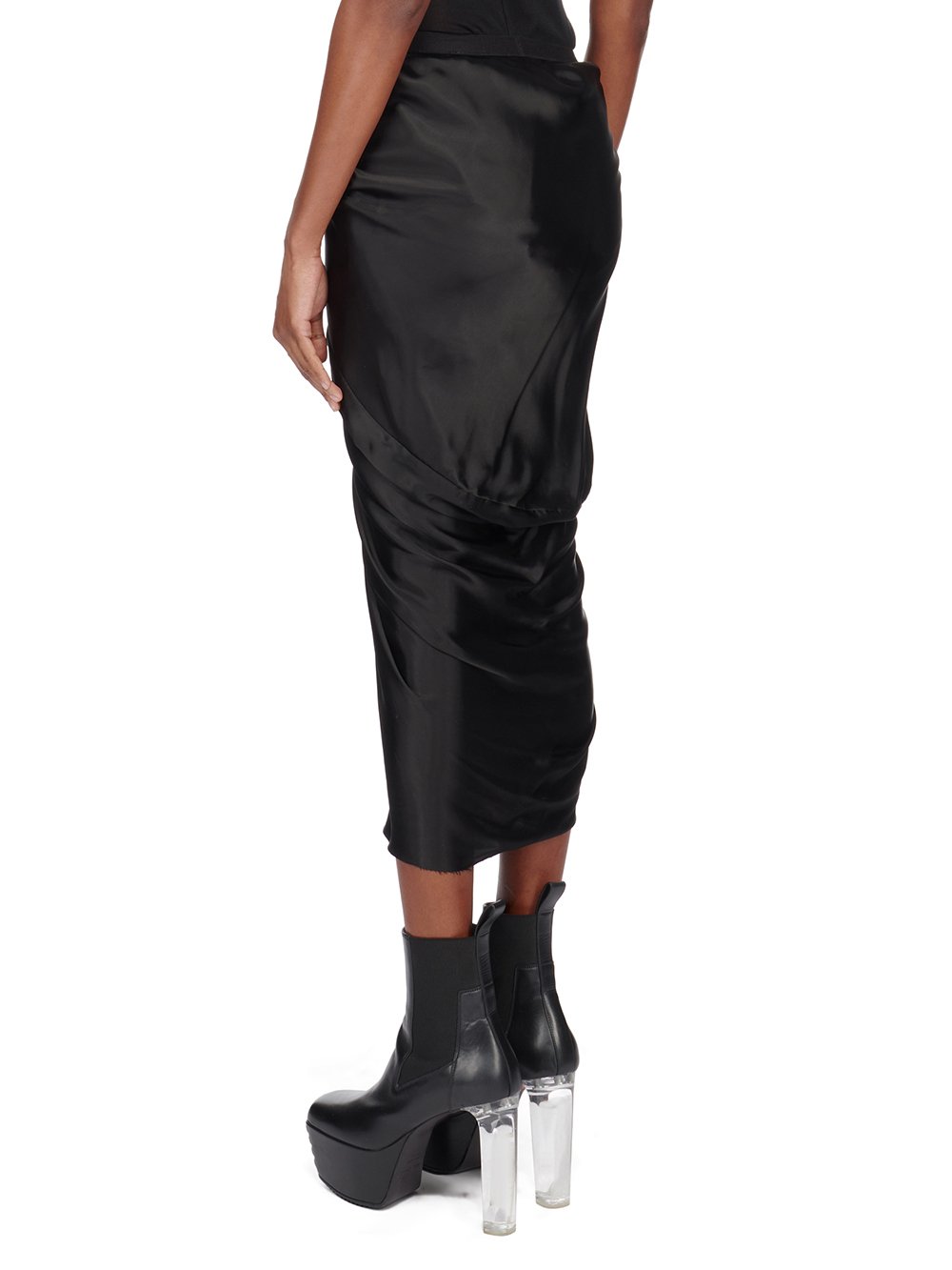 RICK OWENS FW23 LUXOR WRAP SKIRT IN BLACK CUPRO SATIN