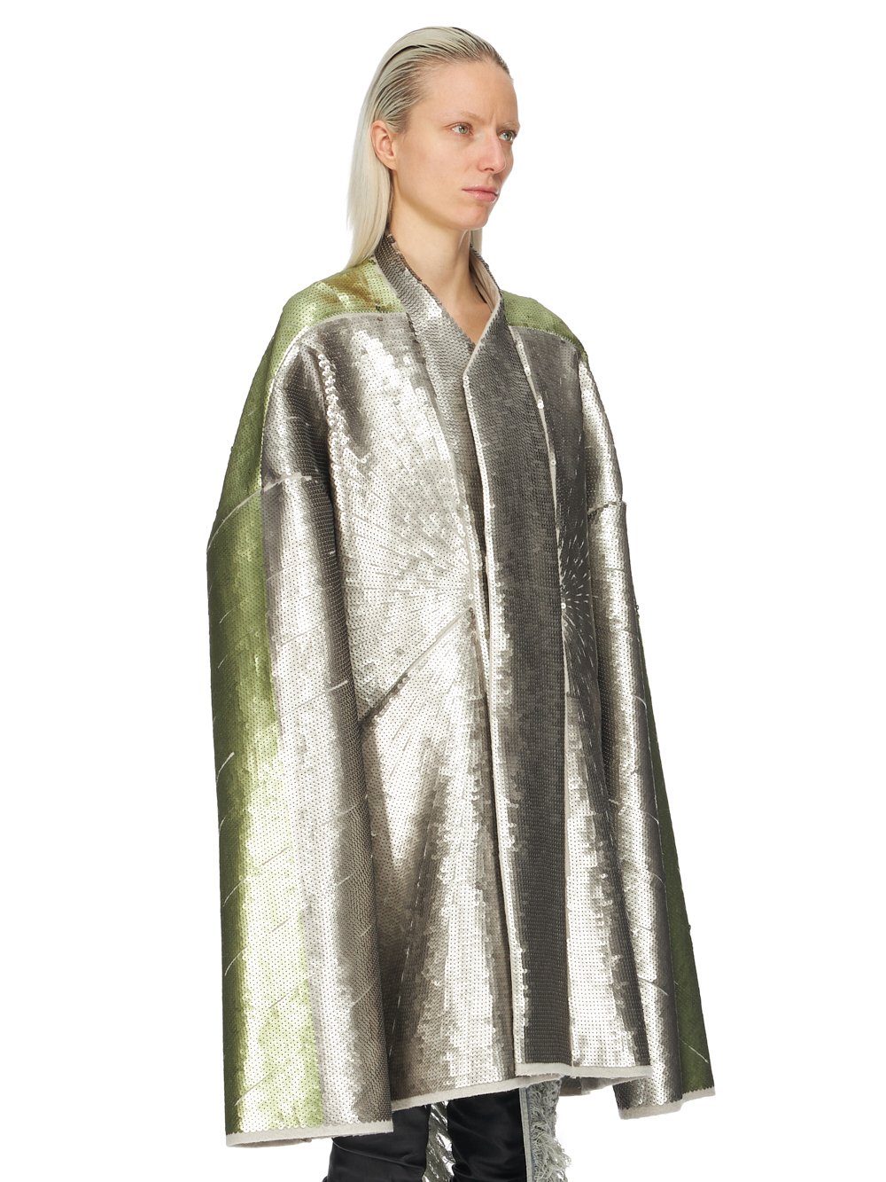 RICK OWENS FW23 LUXOR RUNWAY SEQUINNED BEACH JKT IN PEARL AND ACID RADIANCE SEQUIN EMBROIDERED BOILED WOOL