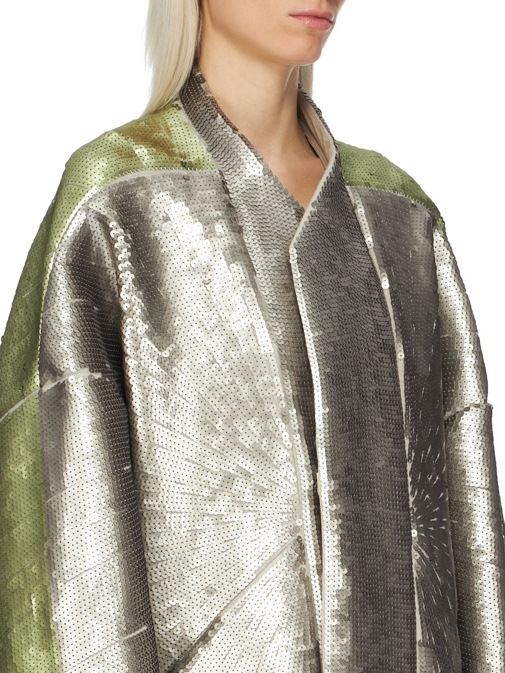 RICK OWENS FW23 LUXOR RUNWAY SEQUINNED BEACH JKT IN PEARL AND ACID RADIANCE SEQUIN EMBROIDERED BOILED WOOL