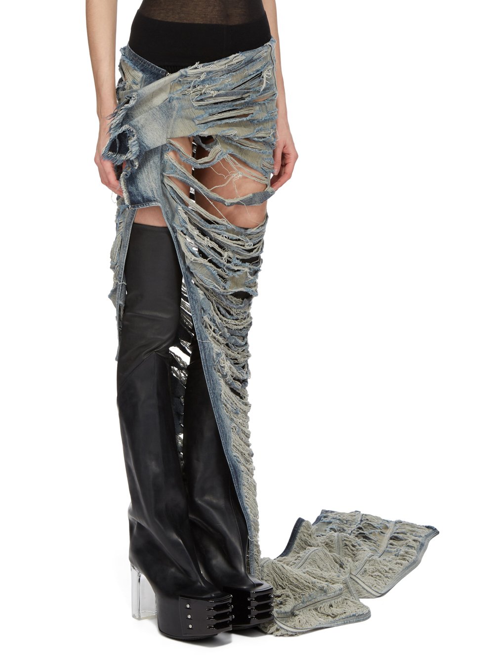 RICK OWENS FW23 LUXOR RUNWAY EDFU SKIRT RUNWAY LENGTH IN HUSTLER BLUE 13OZ MINERAL PEARL SHREDDED DENIM 