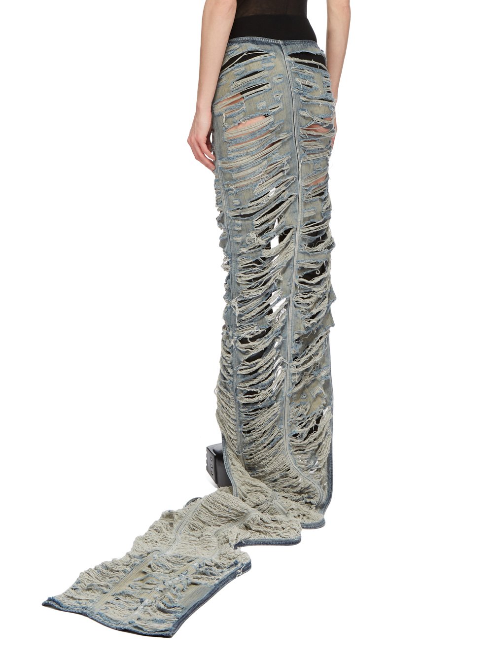 RICK OWENS FW23 LUXOR RUNWAY EDFU SKIRT RUNWAY LENGTH IN HUSTLER BLUE 13OZ MINERAL PEARL SHREDDED DENIM 