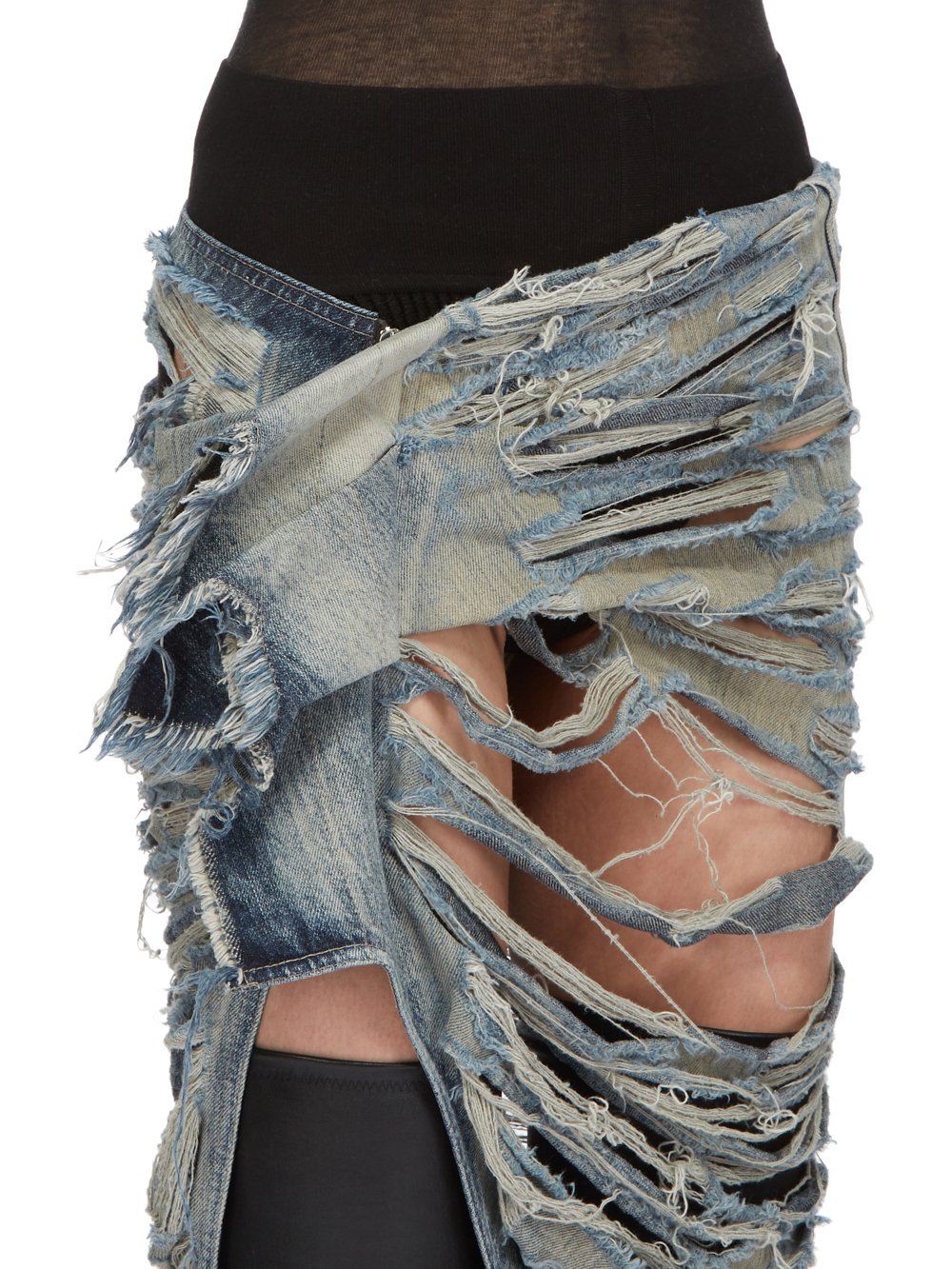 RICK OWENS FW23 LUXOR RUNWAY EDFU SKIRT RUNWAY LENGTH IN HUSTLER BLUE 13OZ MINERAL PEARL SHREDDED DENIM 