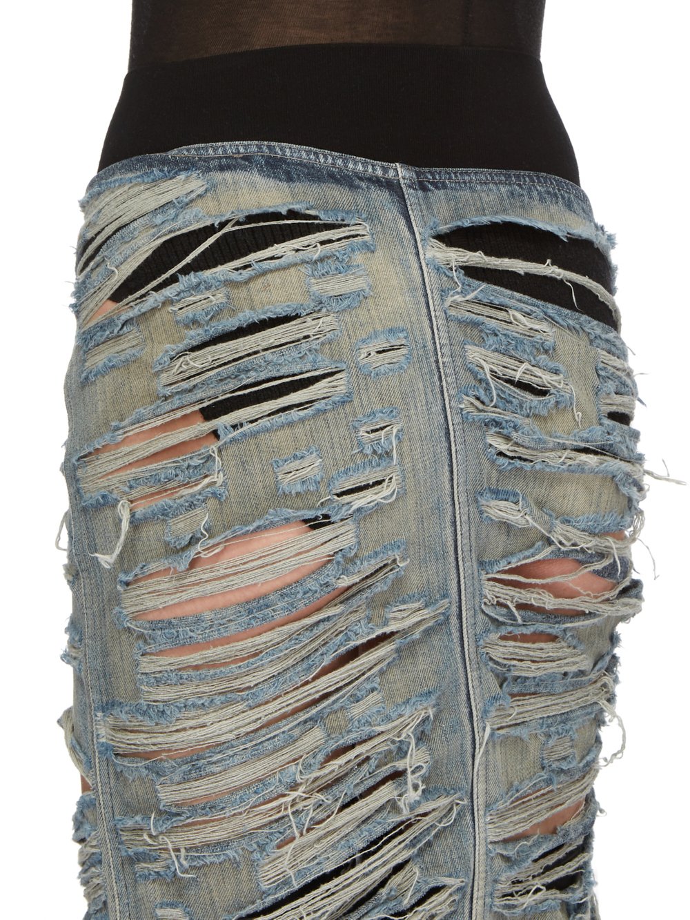 RICK OWENS FW23 LUXOR RUNWAY EDFU SKIRT RUNWAY LENGTH IN HUSTLER BLUE 13OZ MINERAL PEARL SHREDDED DENIM 