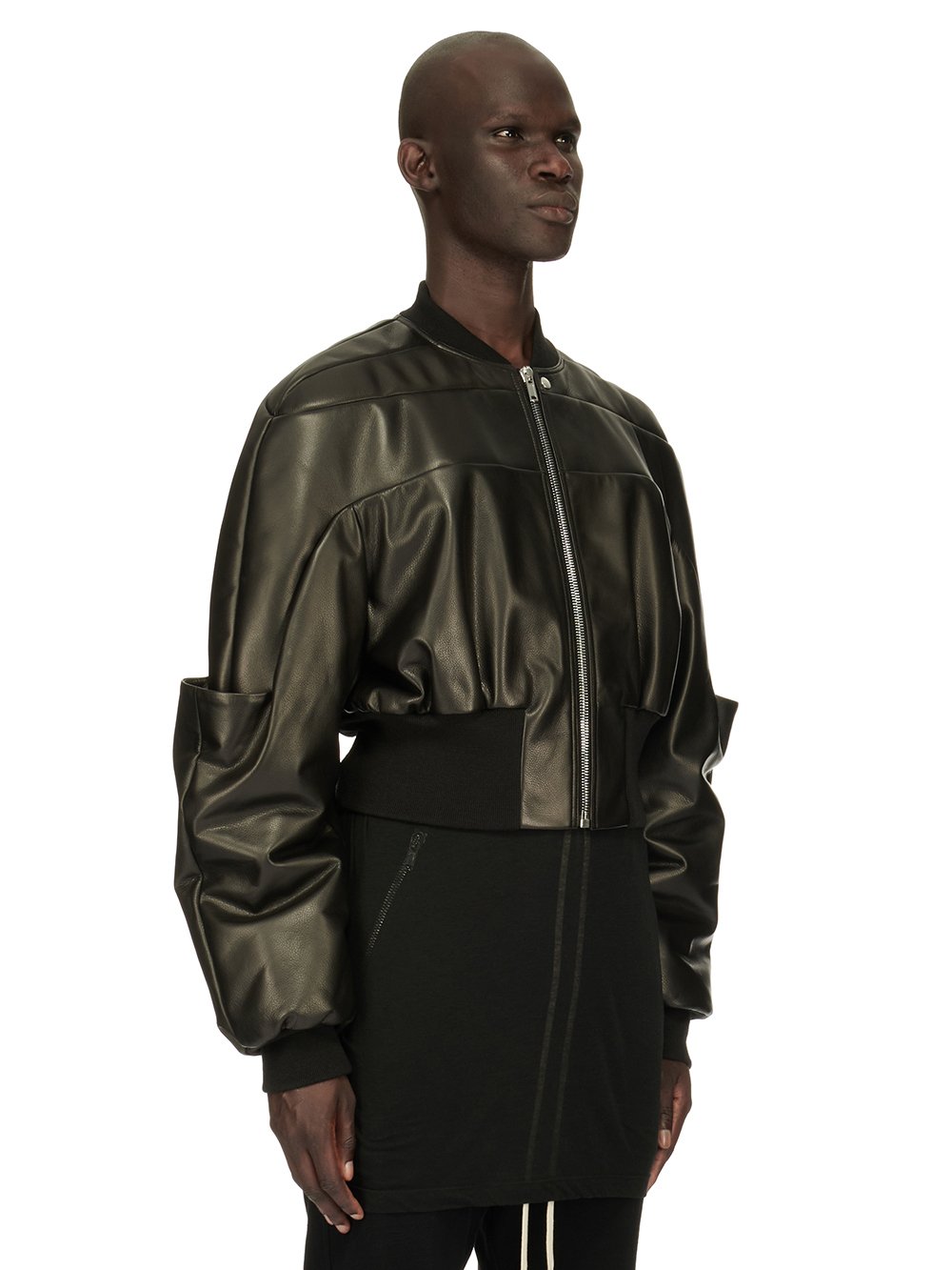 RICK OWENS FW23 LUXOR GIRDERED BOMBER CROPPED IN BLACK SOFT GRAIN COW LEATHER