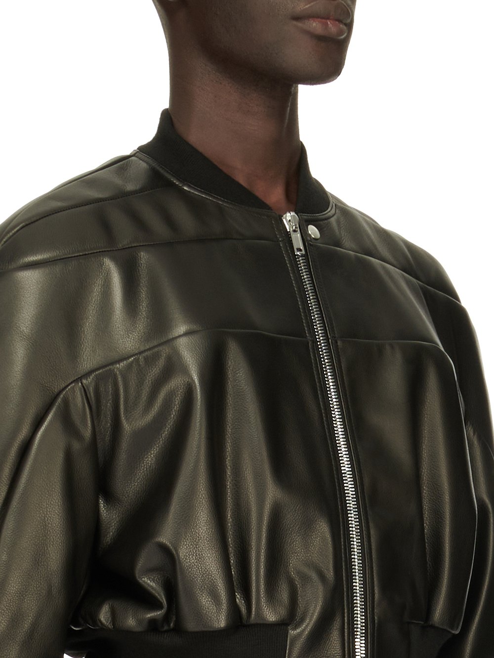 RICK OWENS FW23 LUXOR GIRDERED BOMBER CROPPED IN BLACK SOFT GRAIN COW LEATHER