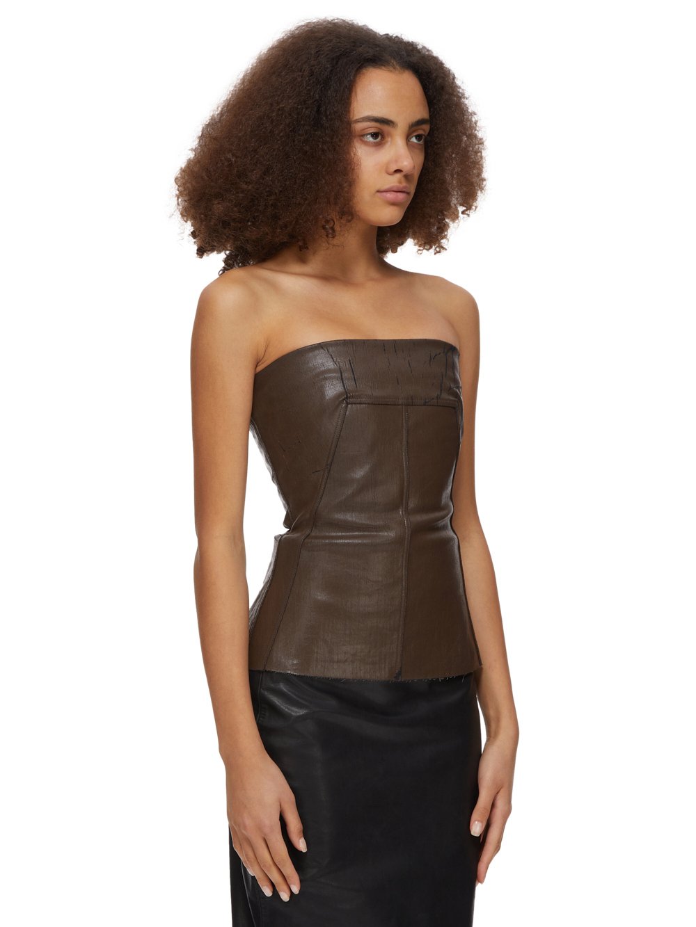 RICK OWENS FW23 LUXOR BUSTIER TOP IN BROWN CRACKED STRETCH DENIM