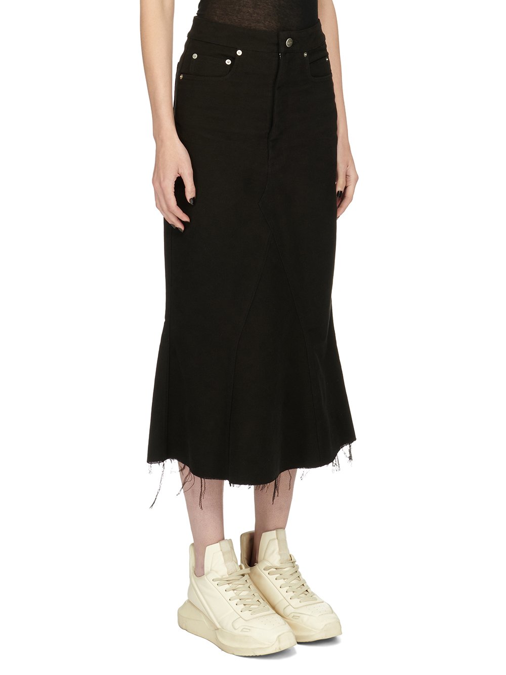 RICK OWENS FW23 LUXOR GODET SKIRT IN BLACK BRUSHED HEAVY TWILL