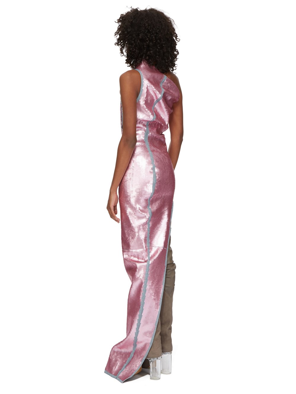 RICK OWENS FW23 LUXOR RUNWAY ATHENA GOWN IN BLUE AND PINK SEQUIN EMBROIDERED STRETCH DENIM