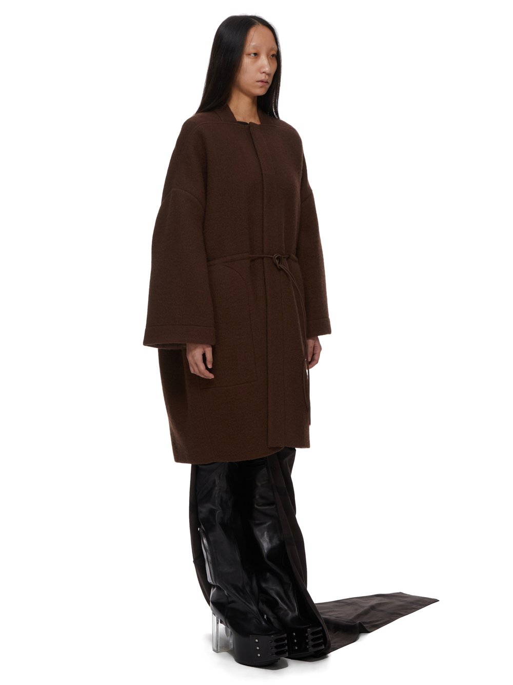 RICK OWENS FW23 LUXOR SAIL COAT IN BROWN BOILED WOOL