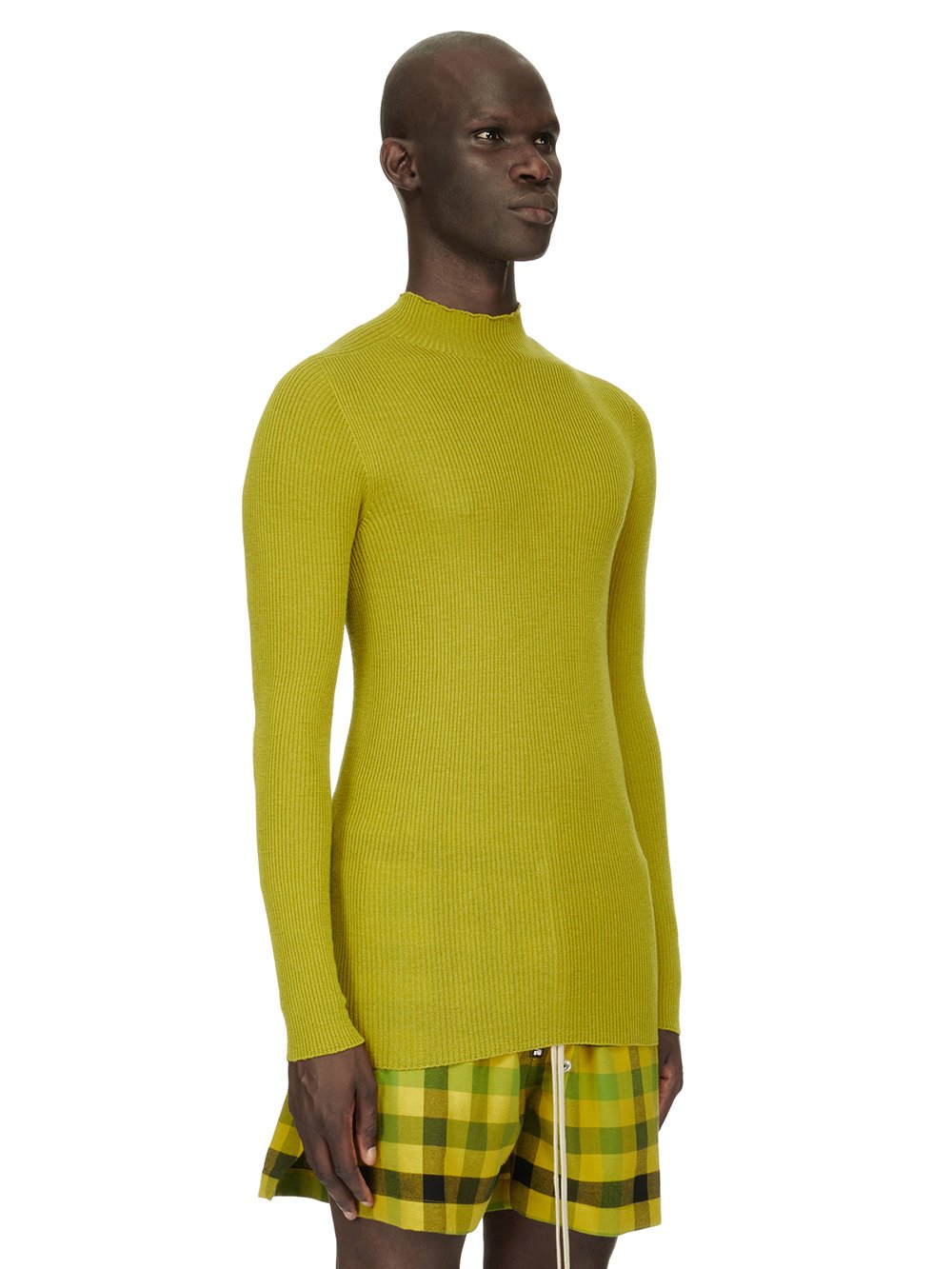 RICK OWENS FW23 LUXOR RIBBED LUPETTO IN ACID YELLOW LIGHTWEIGHT RIBBED KNIT