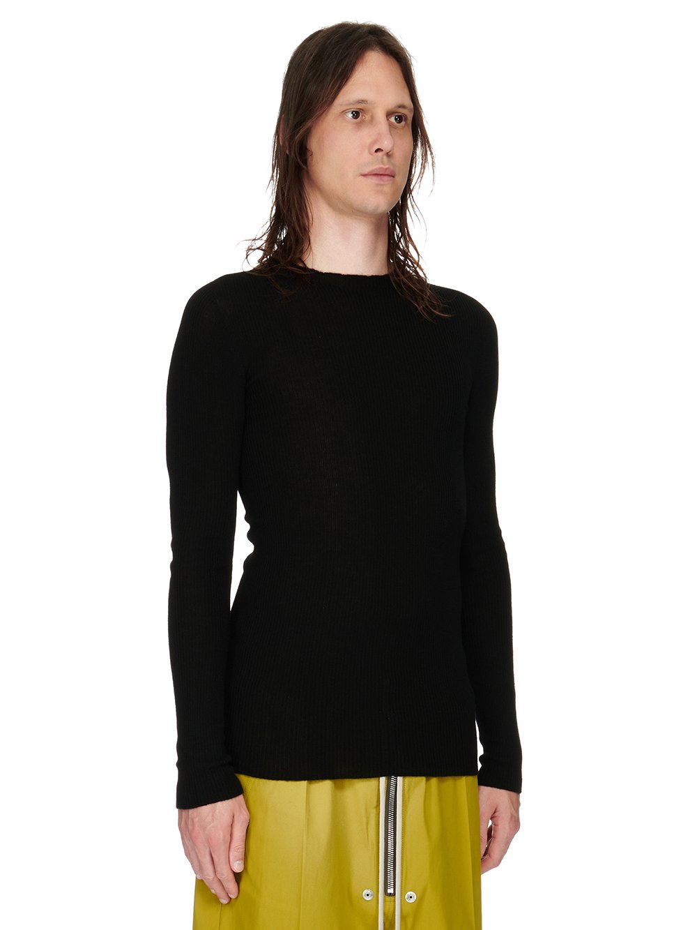 RICK OWENS FW23 LUXOR RIBBED ROUND NECK IN BLACK LIGHTWEIGHT RIBBED KNIT