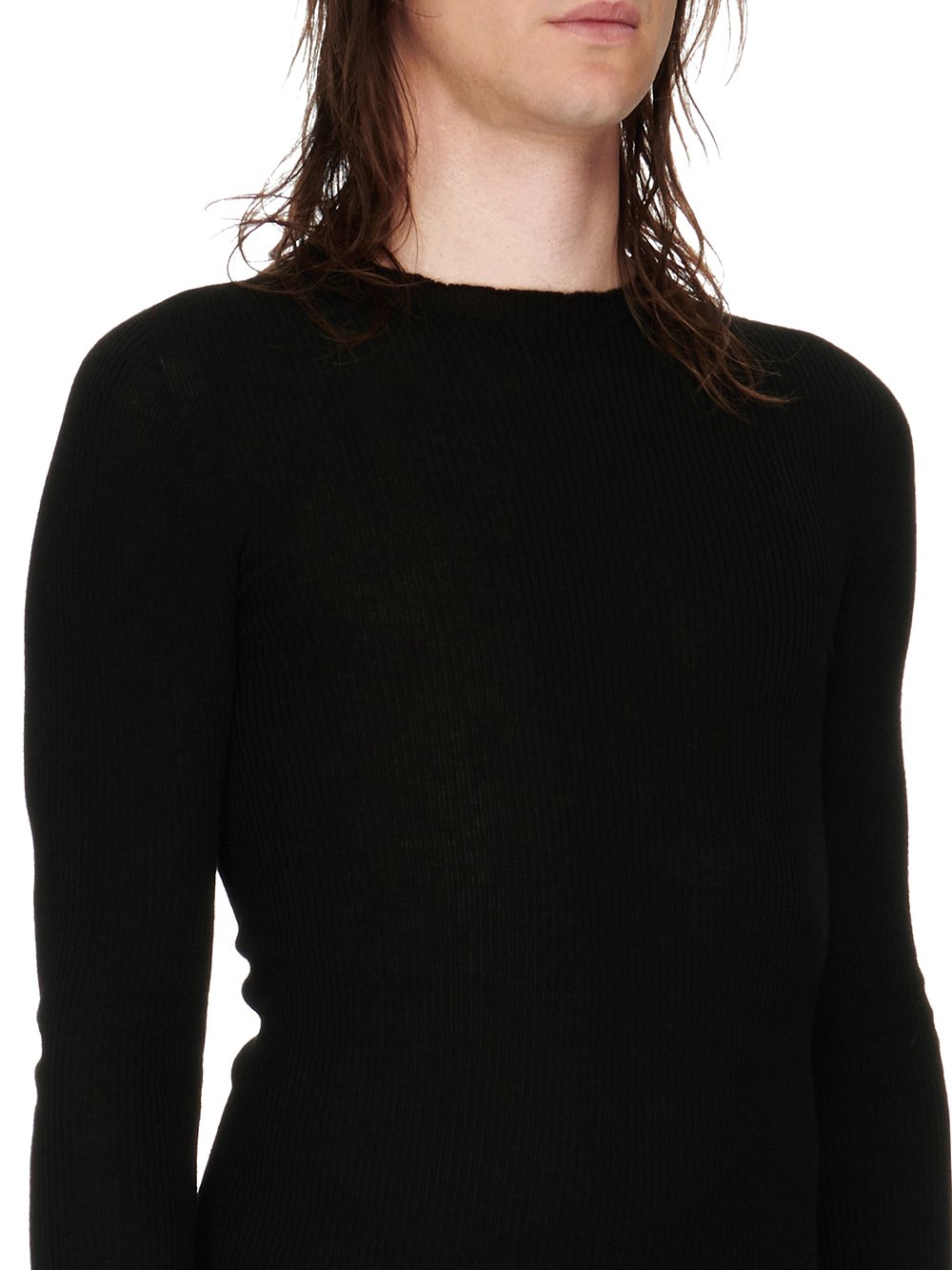 RICK OWENS FW23 LUXOR RIBBED ROUND NECK IN BLACK LIGHTWEIGHT RIBBED KNIT