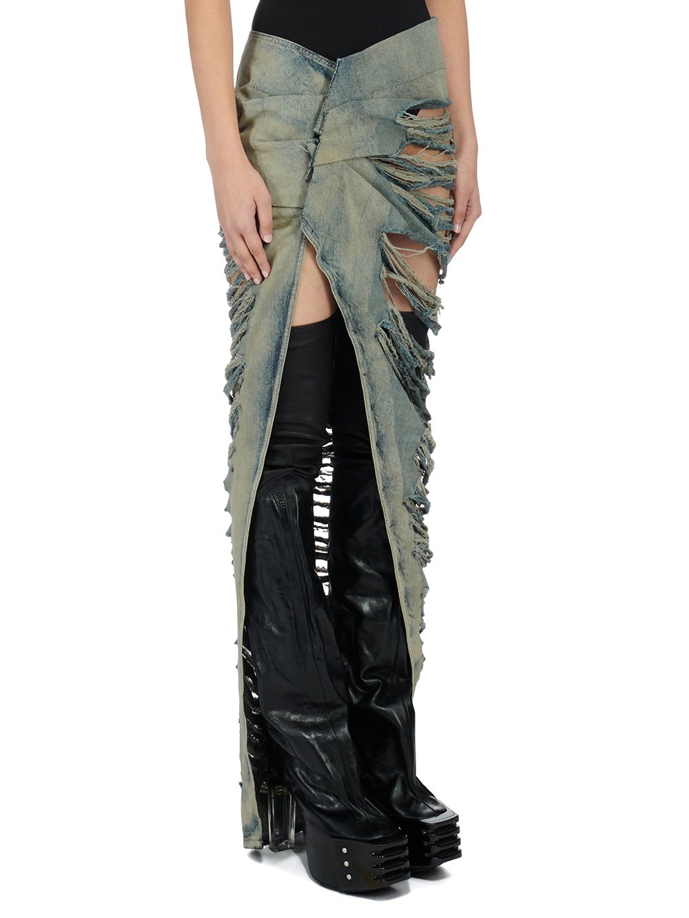 RICK OWENS FW23 LUXOR EDFU SKIRT SHREDDED IN 13OZ MINERAL PEARL SHREDDED DENIM 