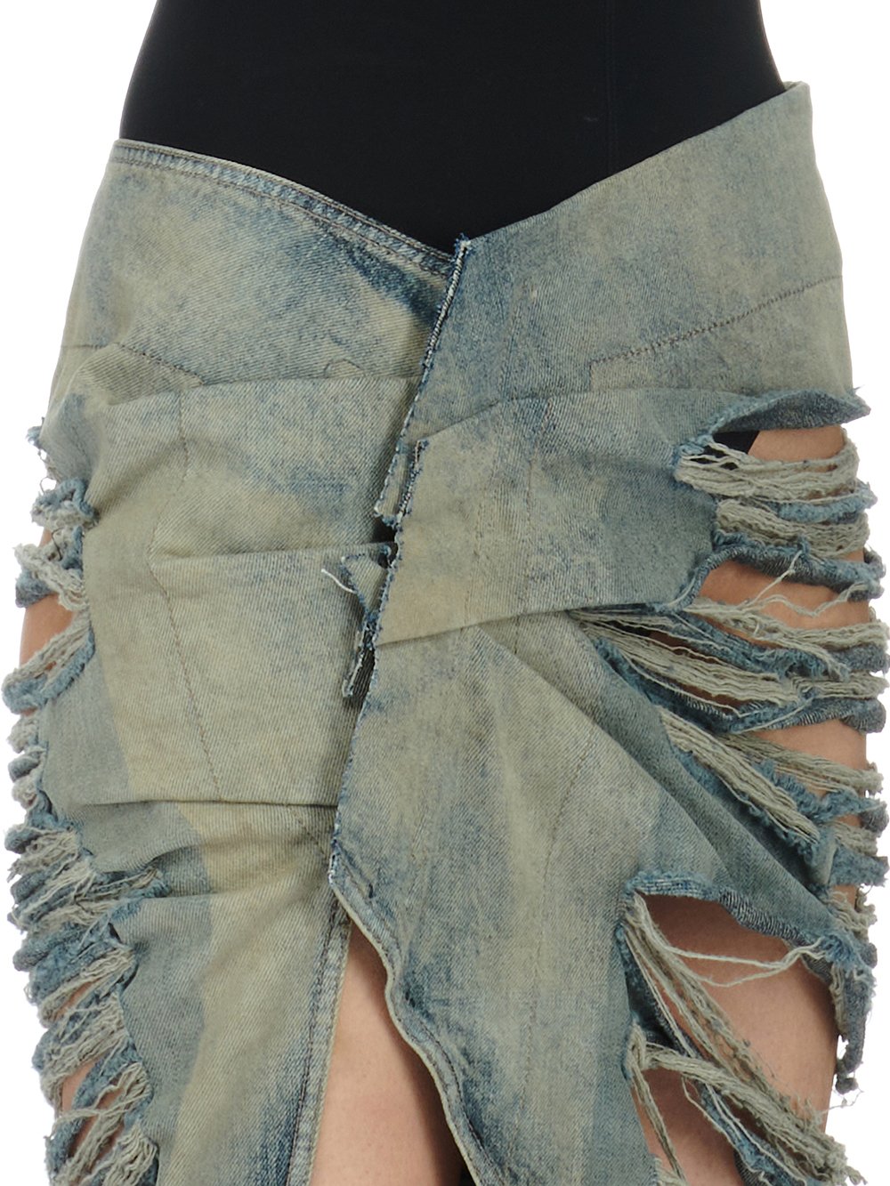 RICK OWENS FW23 LUXOR EDFU SKIRT SHREDDED IN 13OZ MINERAL PEARL SHREDDED DENIM 