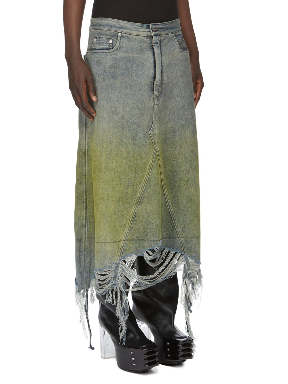 RICK OWENS FW23 LUXOR RUNWAY GODET SKIRT IN 13OZ ACID DEGRADE DENIM 