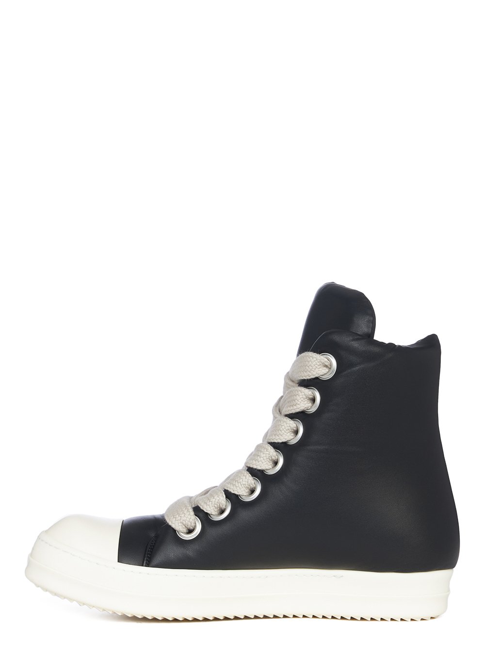 RICK OWENS FW23 LUXOR JUMBO LACE PADDED SNEAKERS IN BLACK AND MILK PEACHED LAMBSKIN