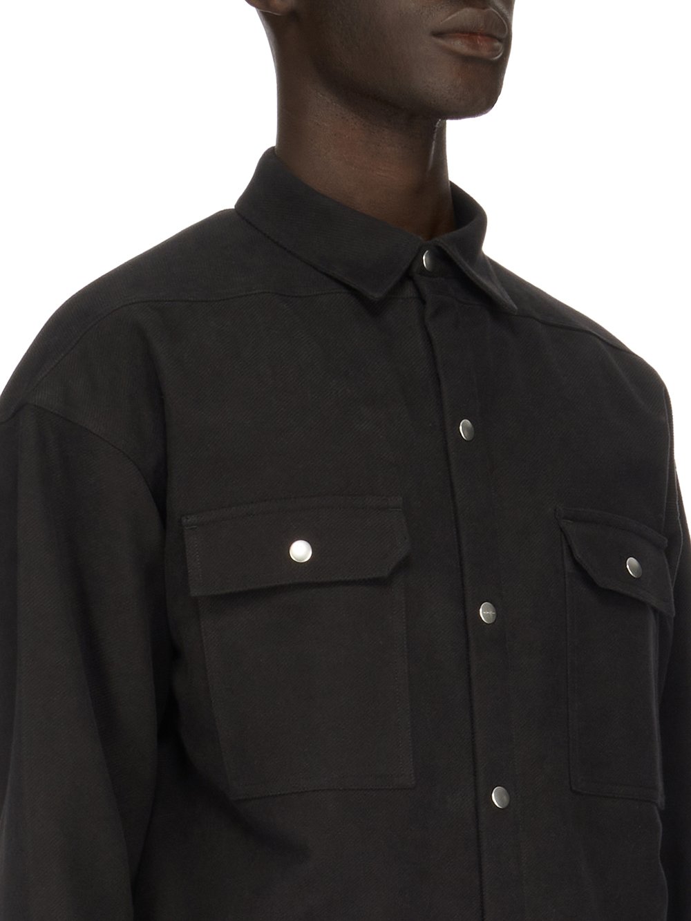 RICK OWENS FW23 LUXOR OVERSIZED OUTERSHIRT IN BLACK BRUSHED HEAVY TWILL