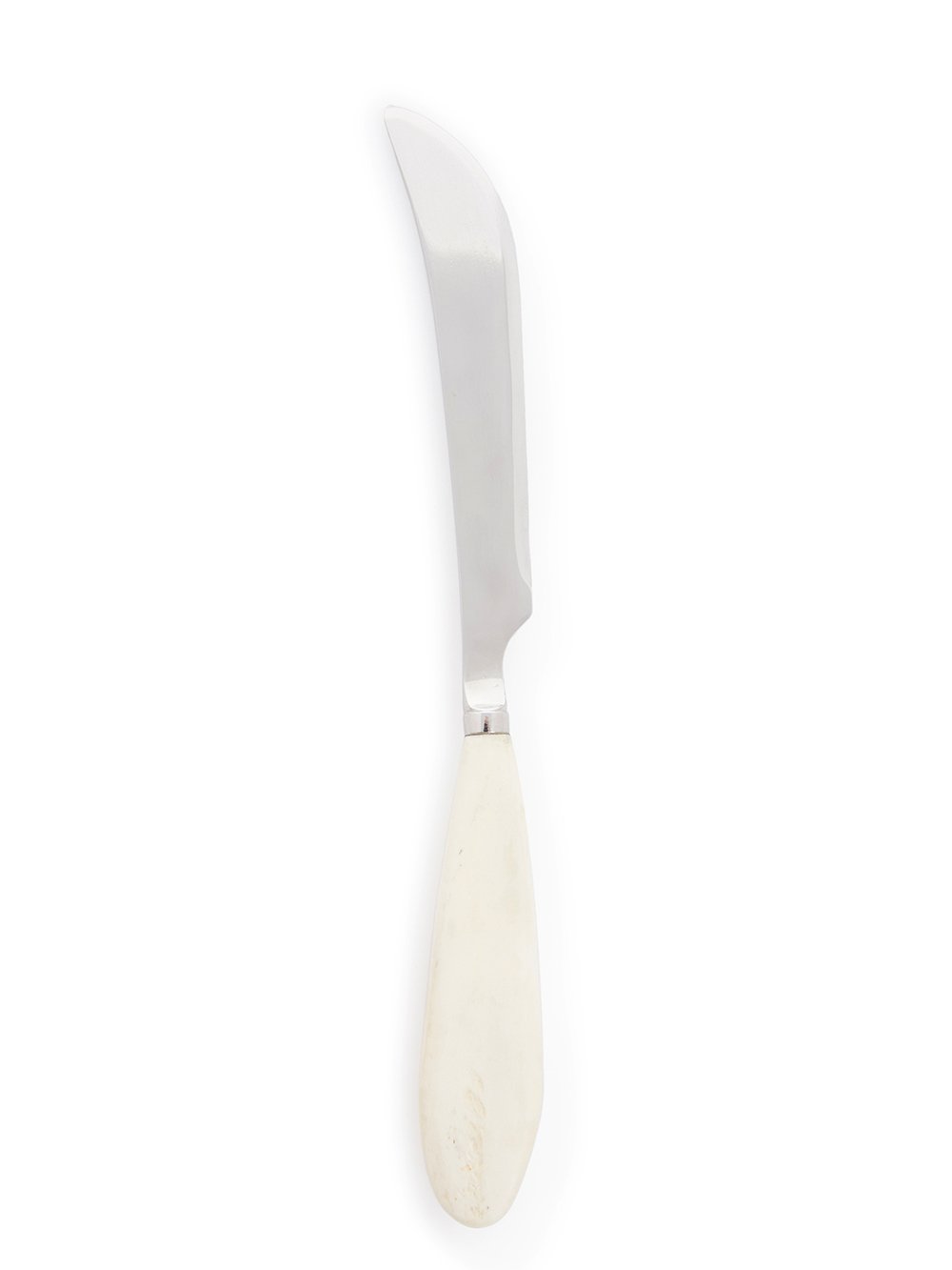 RICK OWENS KNIFE FEATURES A SLIGHTLY CURVED SHARP STERLING TOP AND A MID-LENGTH, NATURAL COLOR BONE HANDLE.