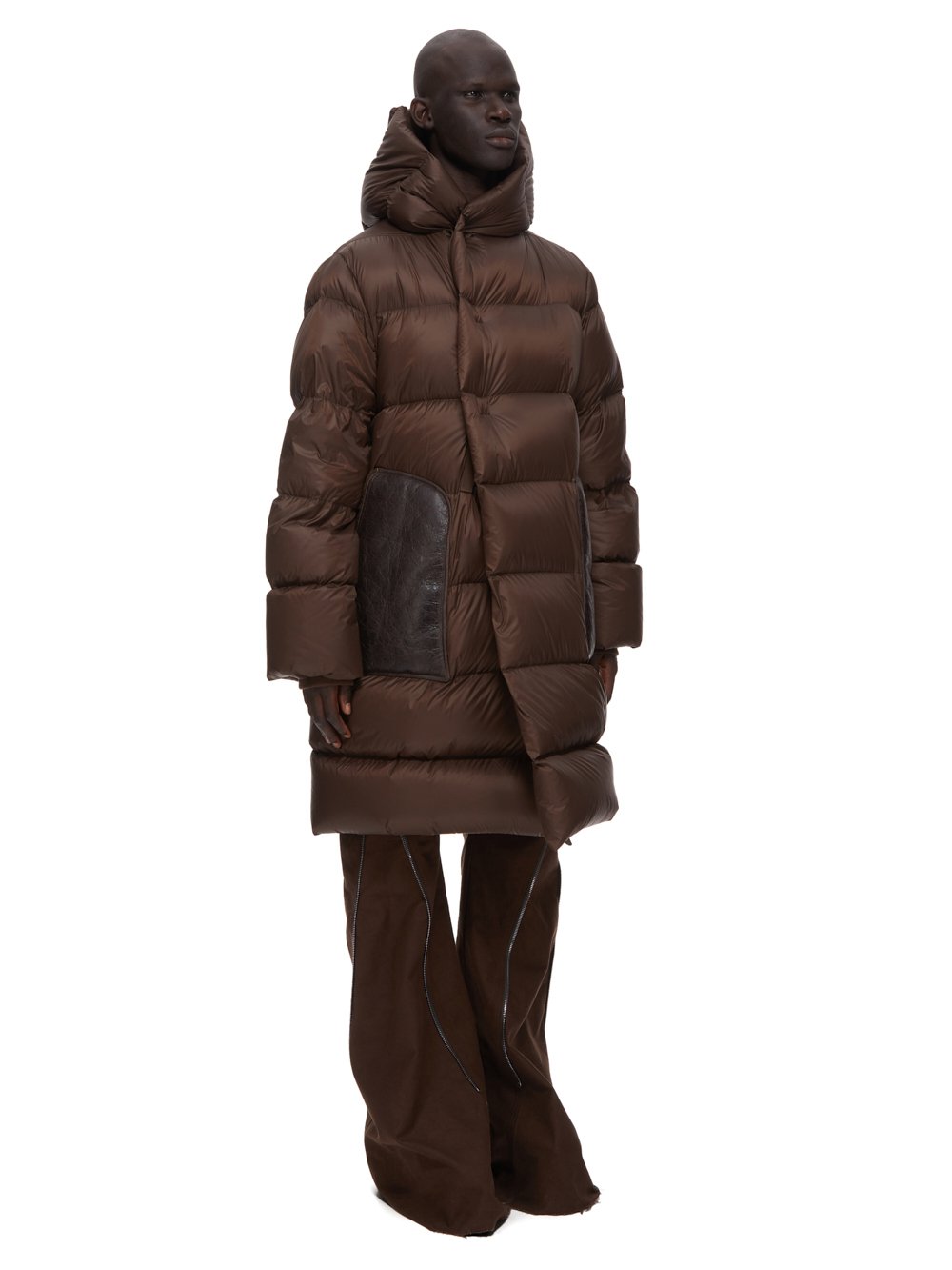 RICK OWENS FW23 LUXOR LS HOODED LINER IN BROWN RECYCLED NYLON AND BUTTER LAMB SHEARLING