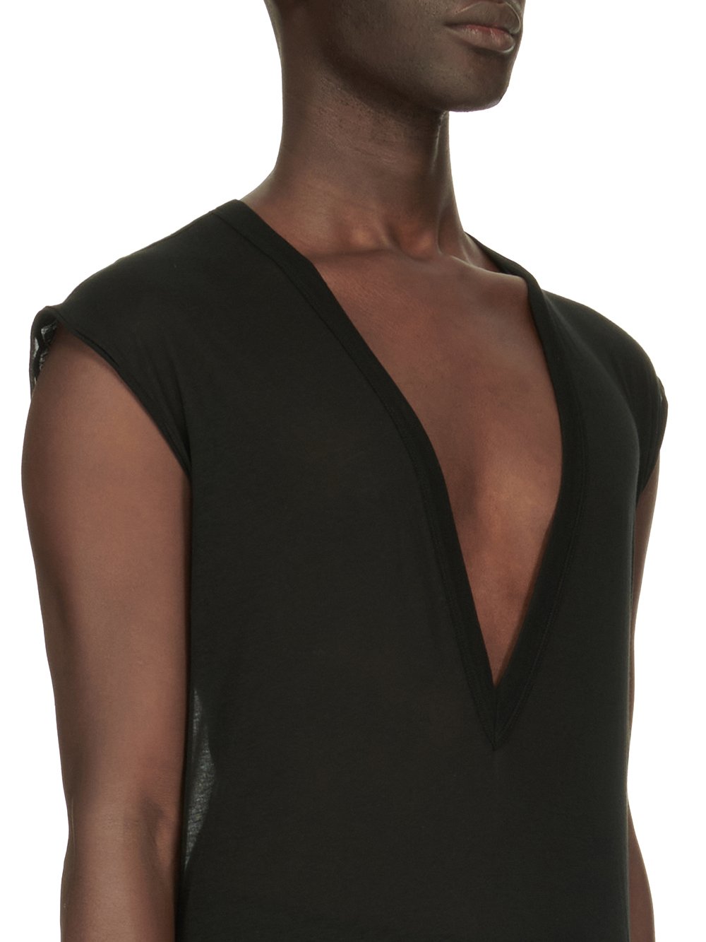 RICK OWENS FW23 LUXOR DEEP V NECK SS T IN  BLACK UNSTABLE COTTON