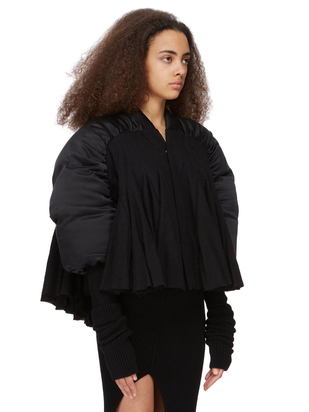 RICK OWENS FW23 LUXOR RUNWAY DUVETESSA CROPPED IN BLACK SILK CHARMEUSE AND SOFT WOOL FLANNEL