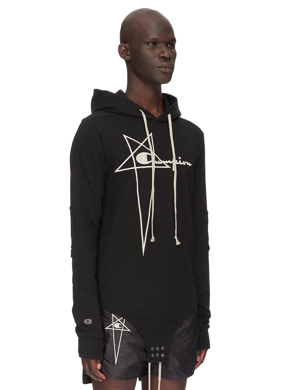 CHAMPION X RICK OWENS HOODED BODY IN BLACK COMPACT COTTON FELPA