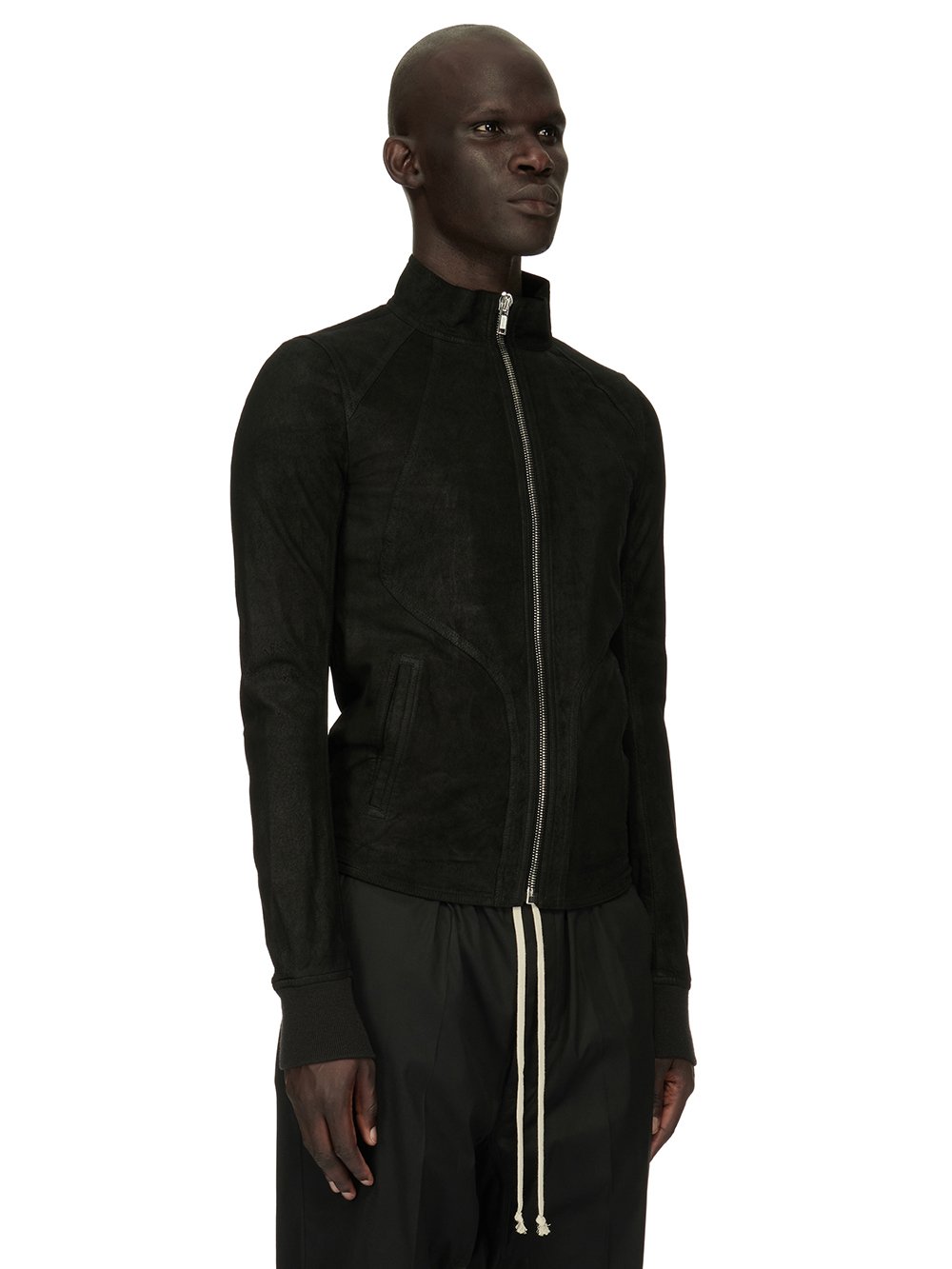 RICK OWENS FOREVER INTARSIA HIGH NECK JACKET IN BLACK BLISTER LAMB LEATHER