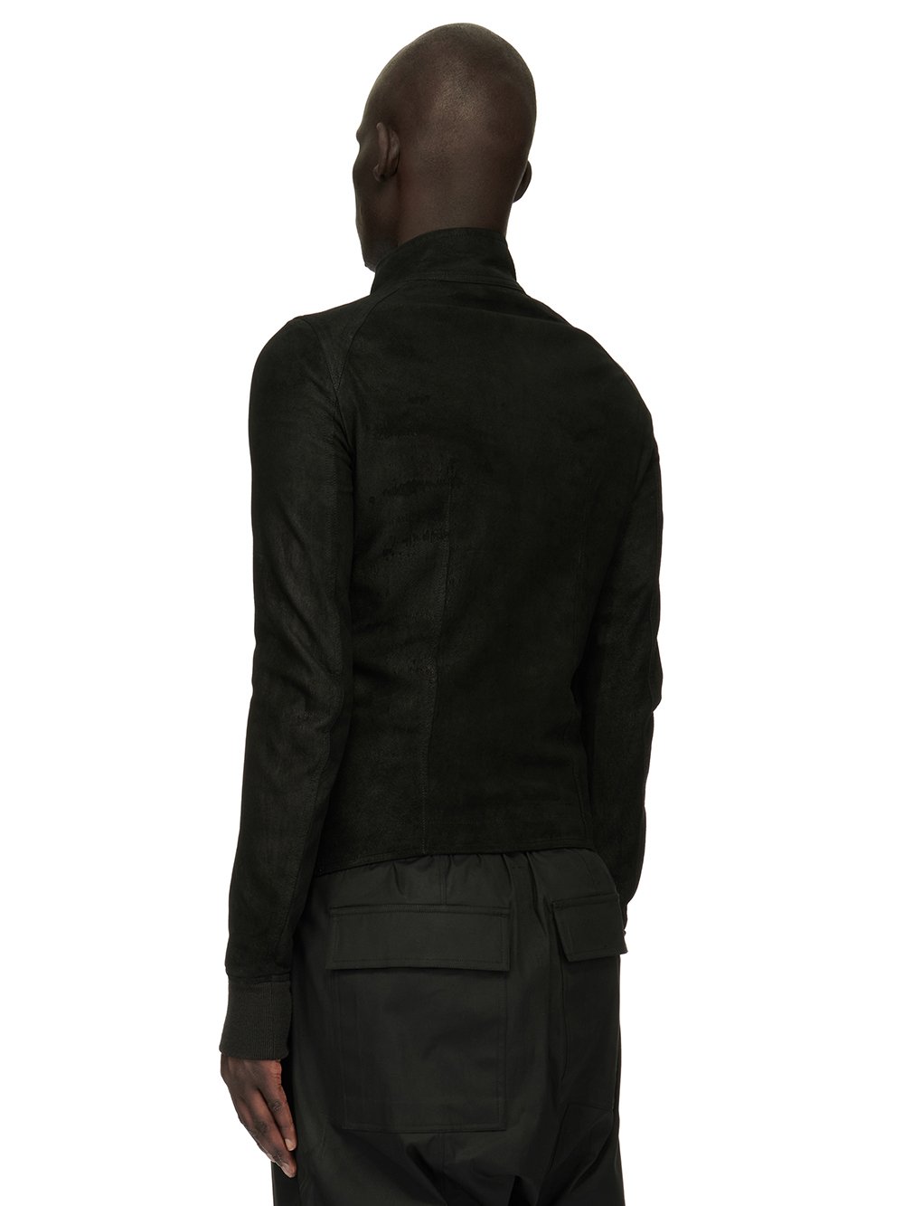 RICK OWENS FOREVER INTARSIA HIGH NECK JACKET IN BLACK BLISTER LAMB LEATHER