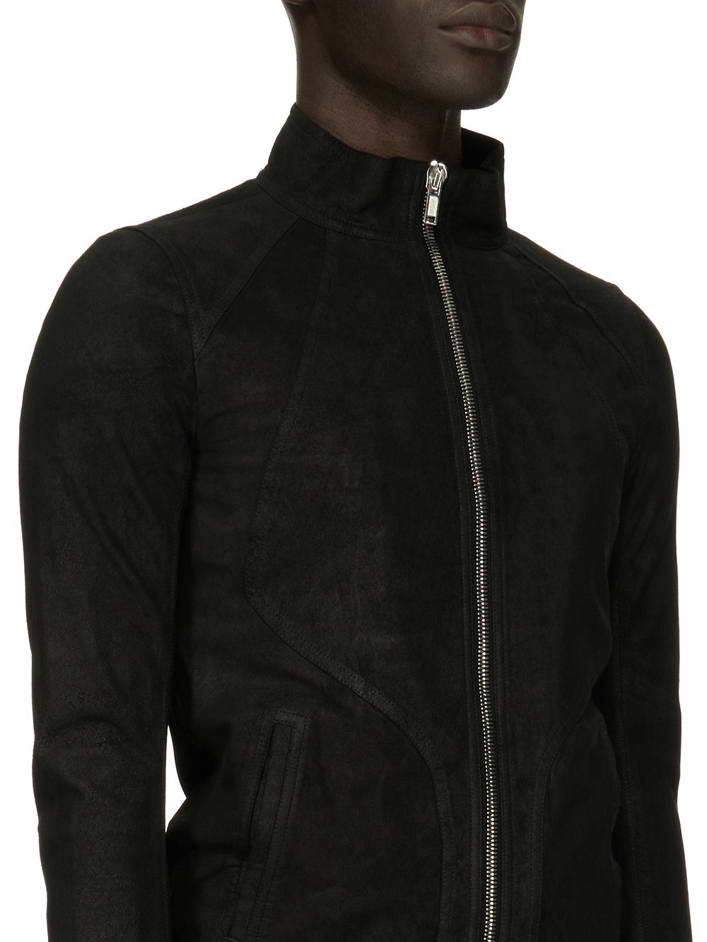 RICK OWENS FOREVER INTARSIA HIGH NECK JACKET IN BLACK BLISTER LAMB LEATHER