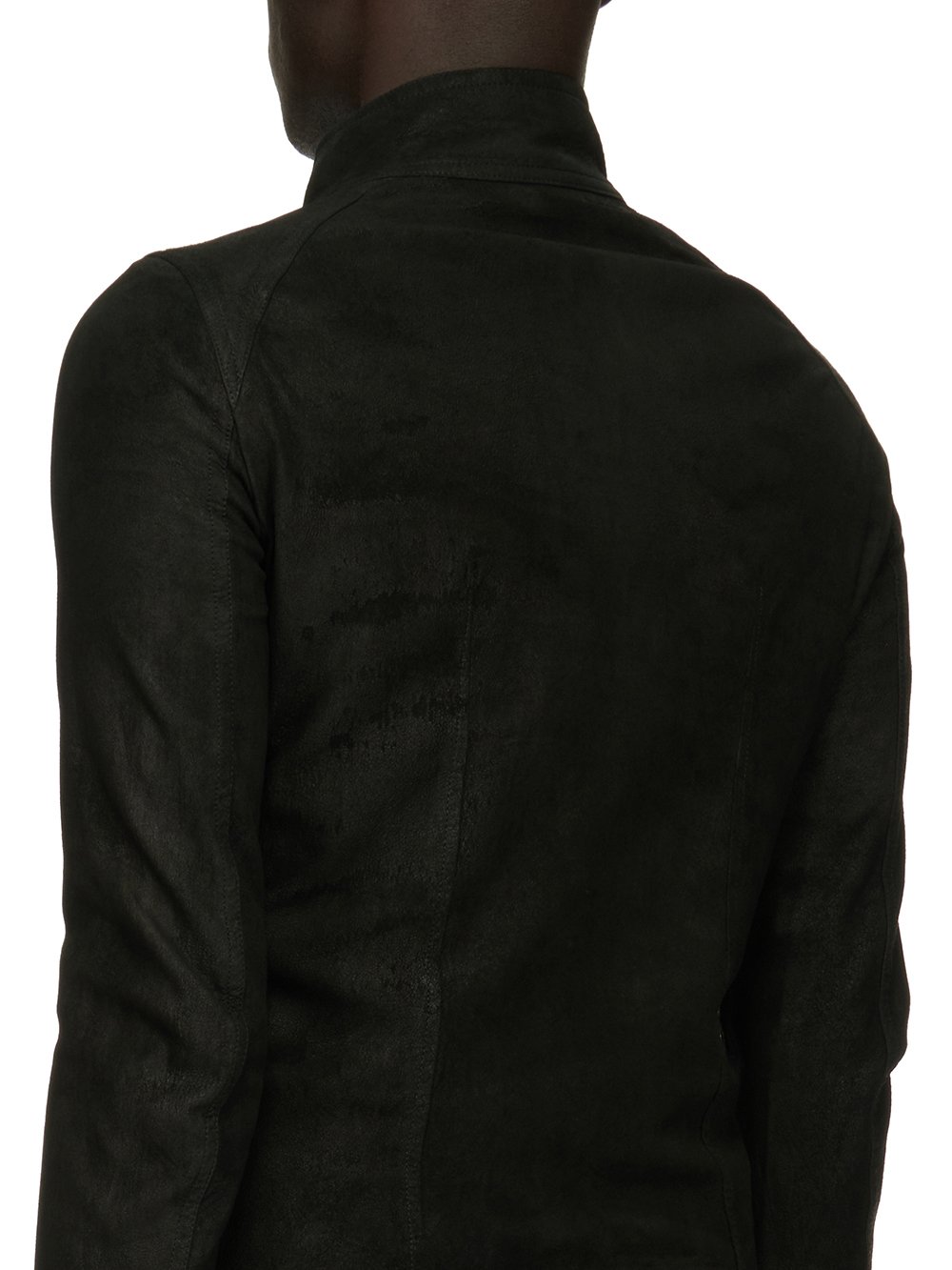 RICK OWENS FOREVER INTARSIA HIGH NECK JACKET IN BLACK BLISTER LAMB LEATHER