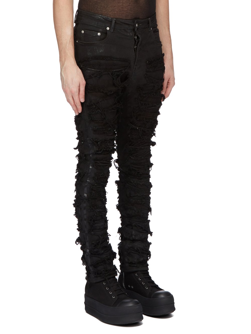 DRKSHDW FW23 LUXOR DETROIT CUT IN BLACK FOIL SLASH STRETCH DENIM