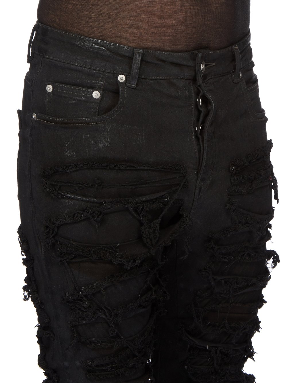 DRKSHDW FW23 LUXOR DETROIT CUT IN BLACK FOIL SLASH STRETCH DENIM